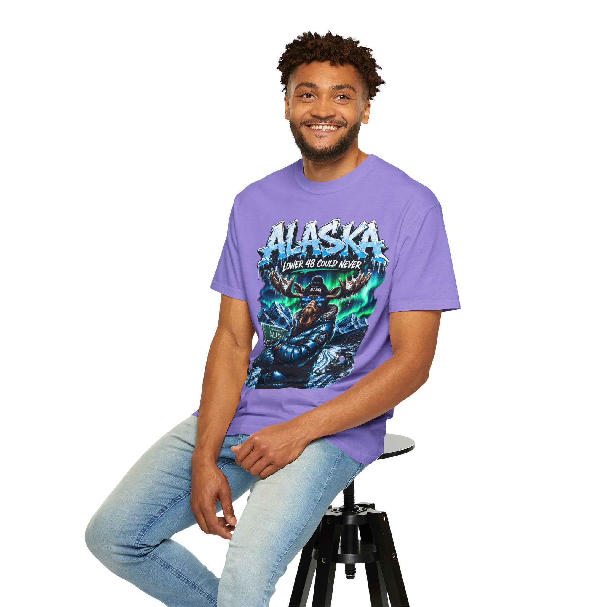 Alaska Moose Aurora Graphic T-Shirt — "Lower 48 Could Never"
