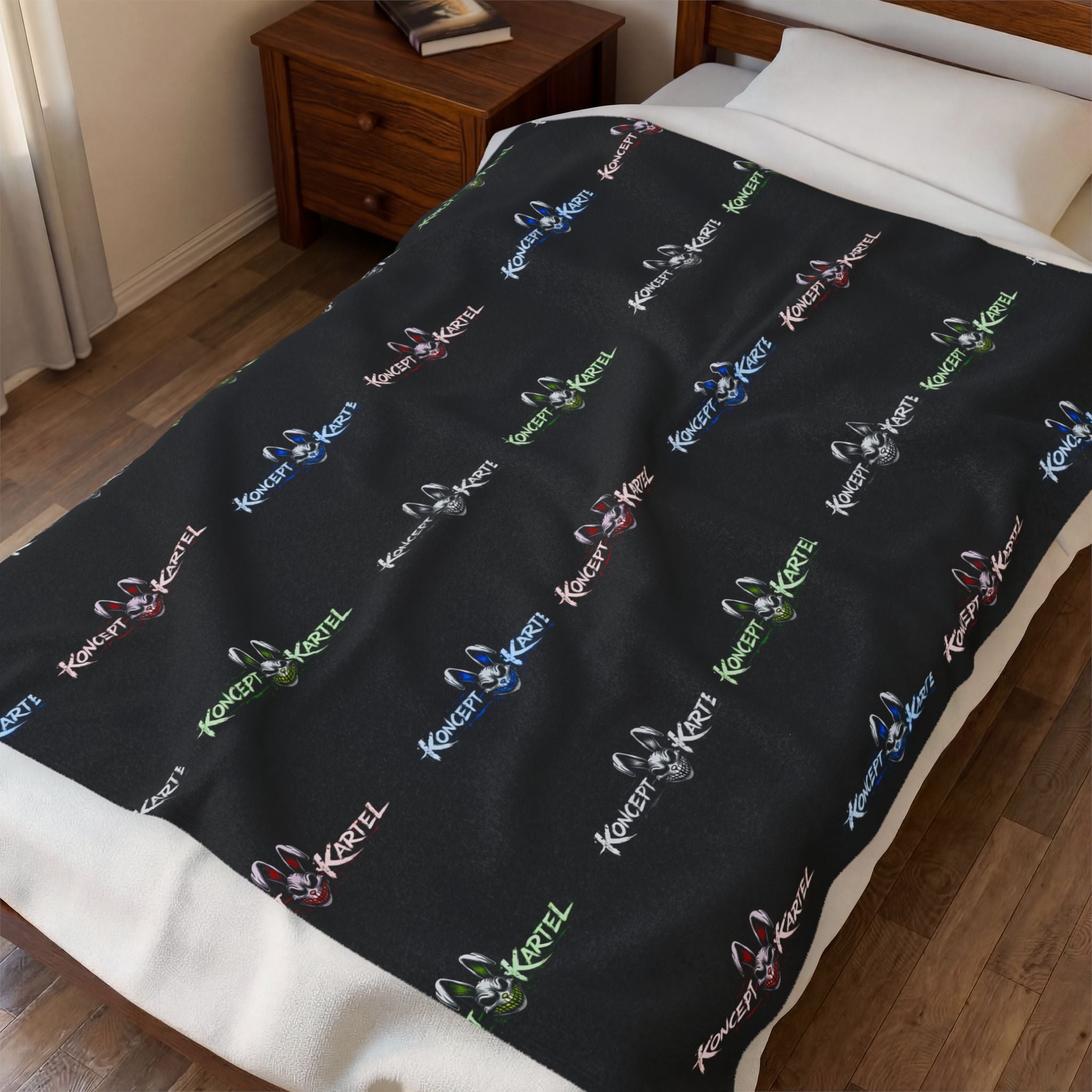 Velveteen Plush Blanket - Cozy Brushed Fleece with Repeating Colorful Logo Pattern