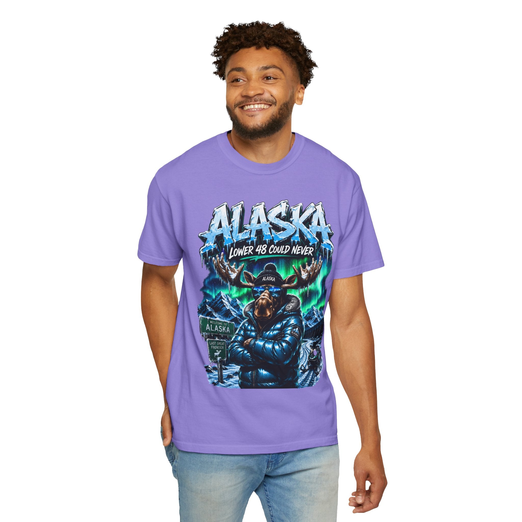 Alaska Moose Aurora Graphic T-Shirt — "Lower 48 Could Never"