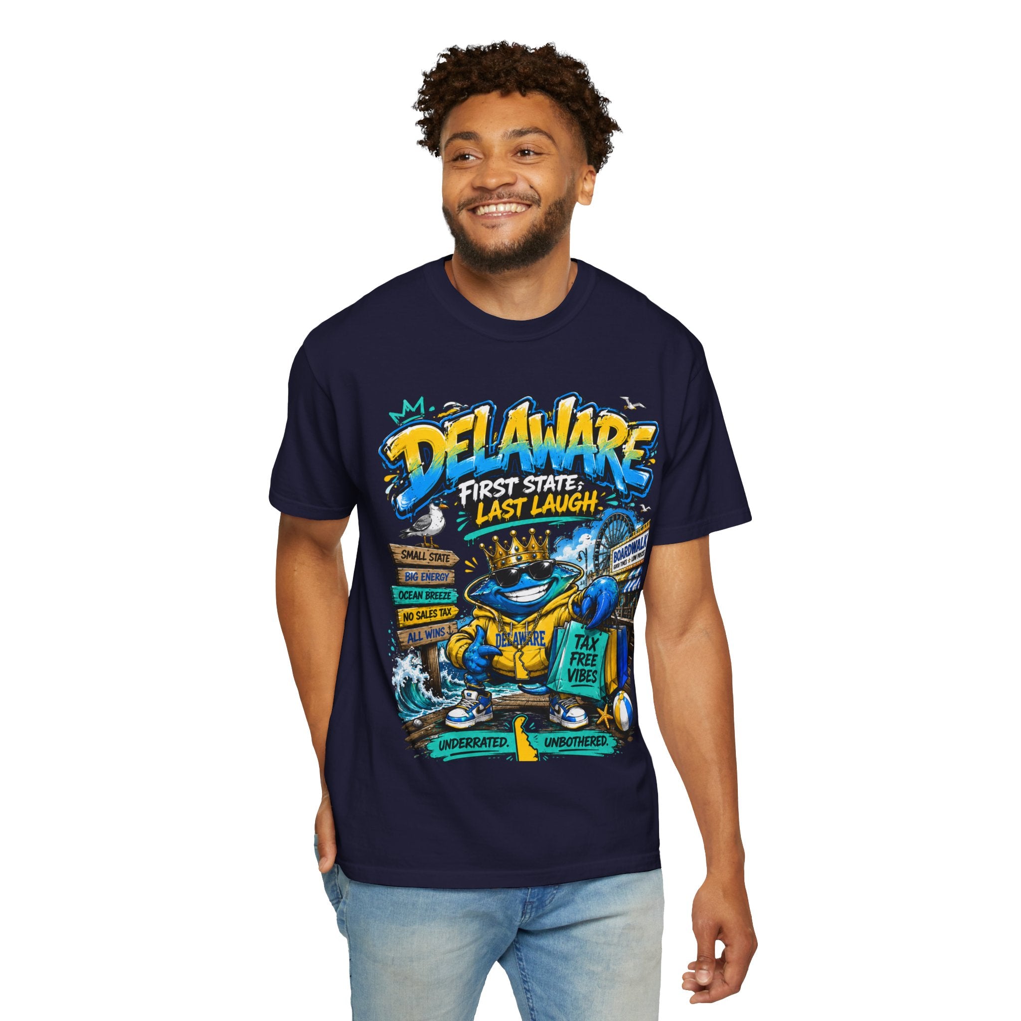 Delaware Frog Graphic T-Shirt — 'First State, Last Laugh' Coastal Souvenir Tee