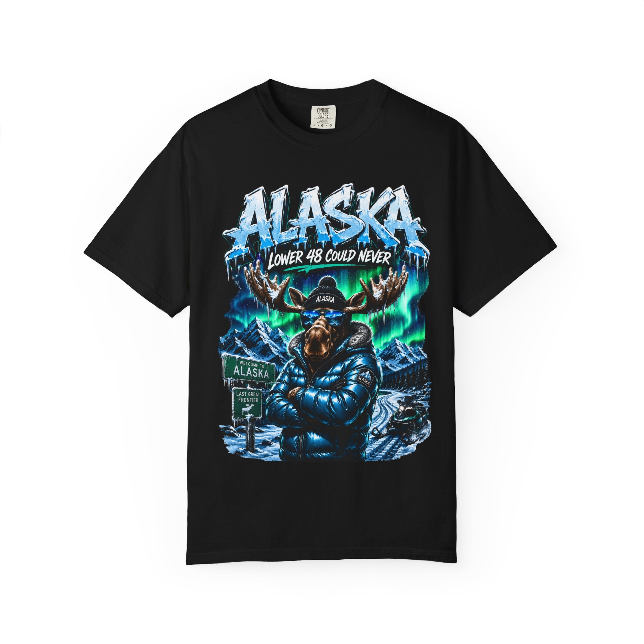 Alaska Moose Aurora Graphic T-Shirt — "Lower 48 Could Never"
