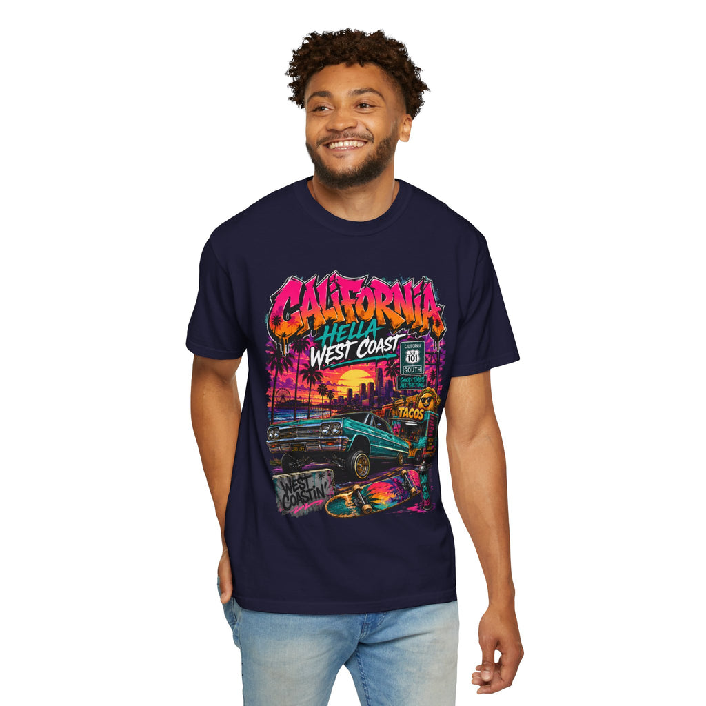 California West Coast Graphic T-Shirt — "California Hella" Vintage Sunset Car Design