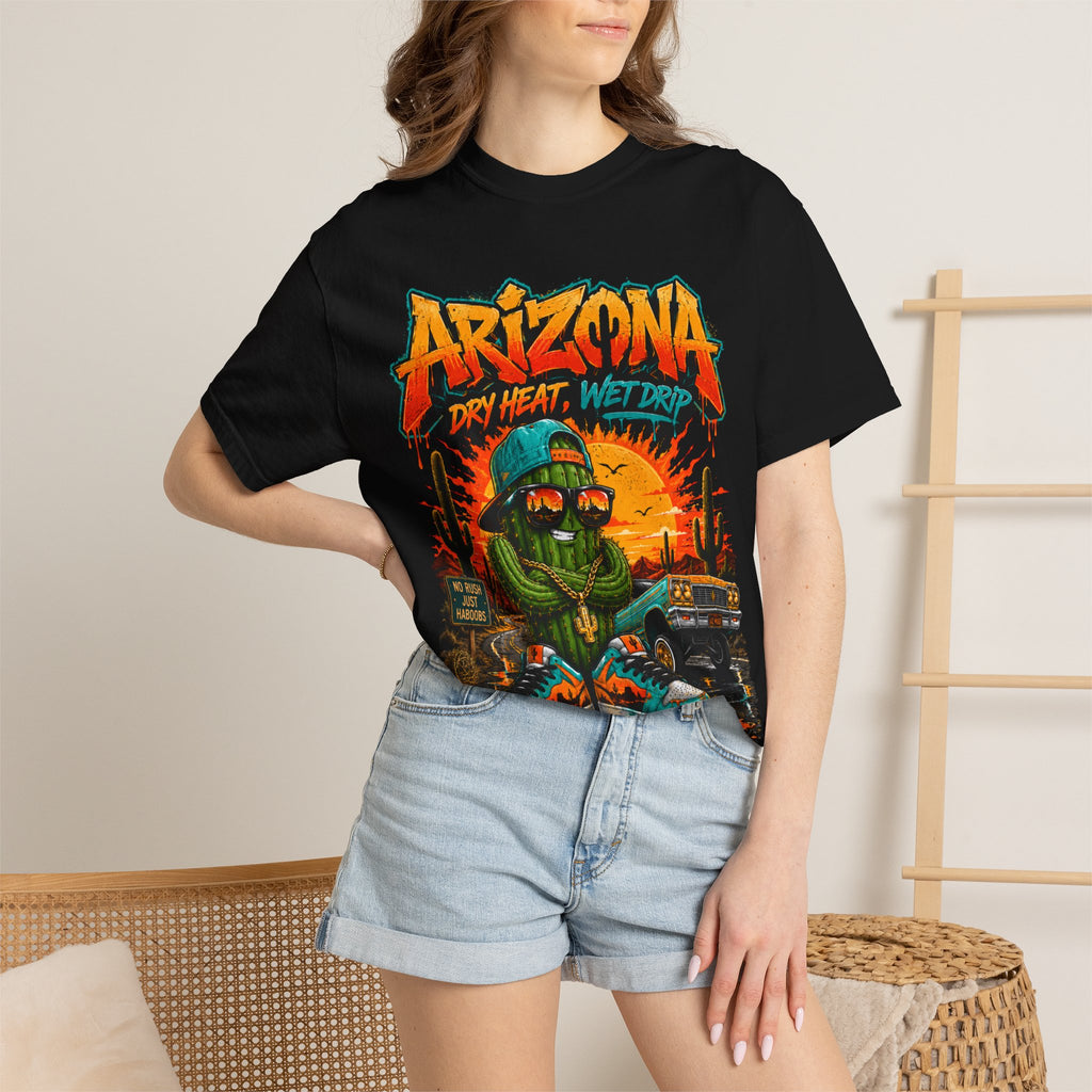 Arizona Desert Graphic T-Shirt — 'Arizona Dry Heat Wet Drop' Retro Cactus Sunset Tee