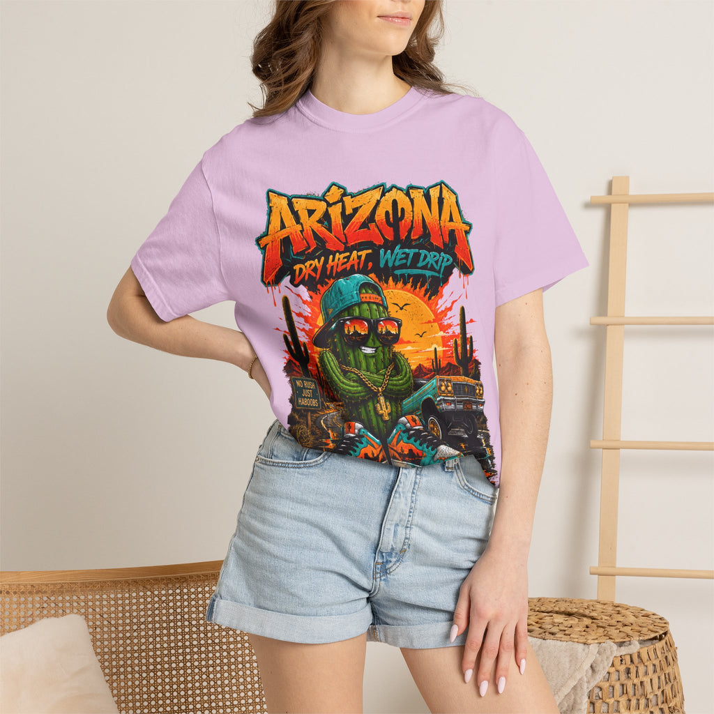 Arizona Desert Graphic T-Shirt — 'Arizona Dry Heat Wet Drop' Retro Cactus Sunset Tee