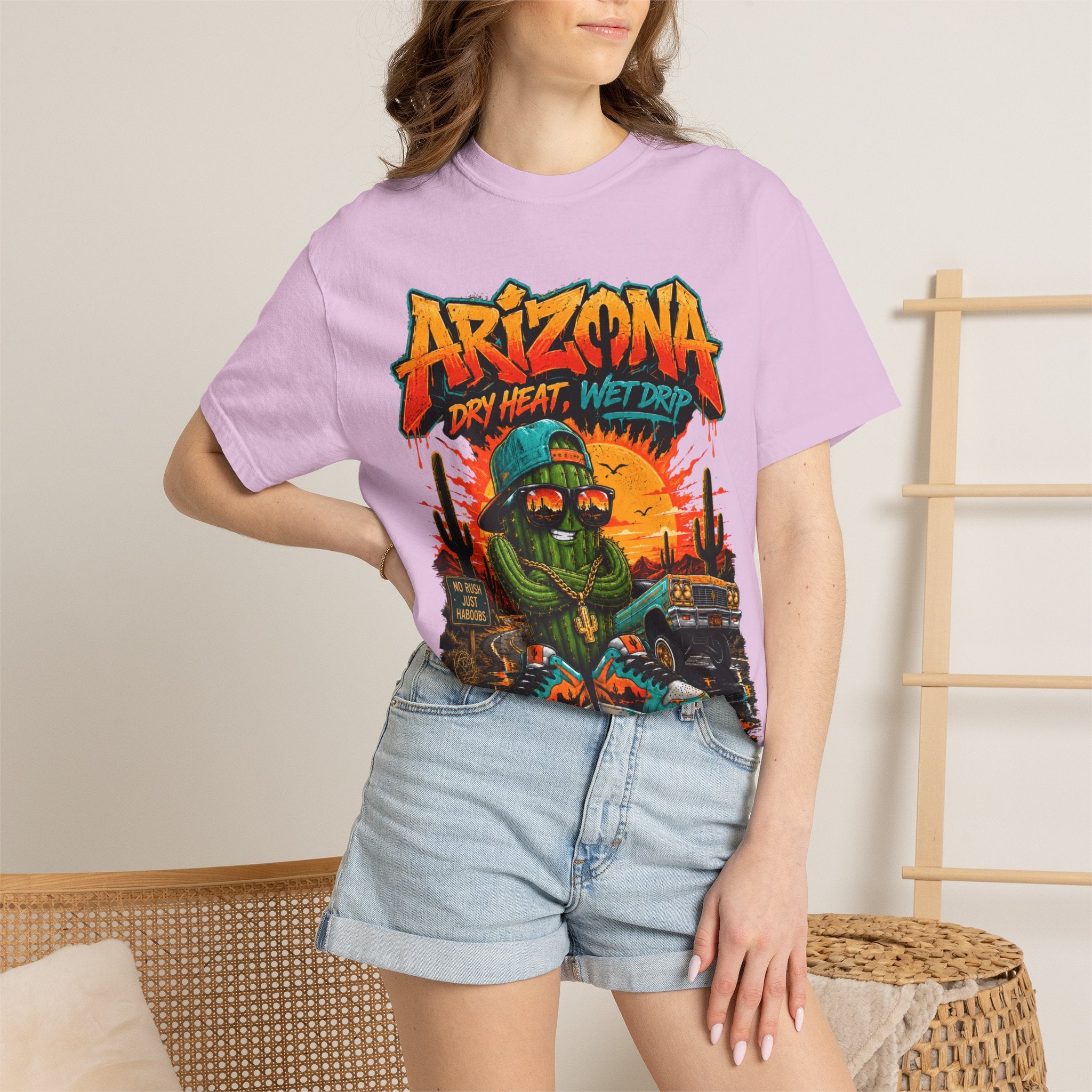 Arizona Desert Graphic T-Shirt — 'Arizona Dry Heat Wet Drop' Retro Cactus Sunset Tee