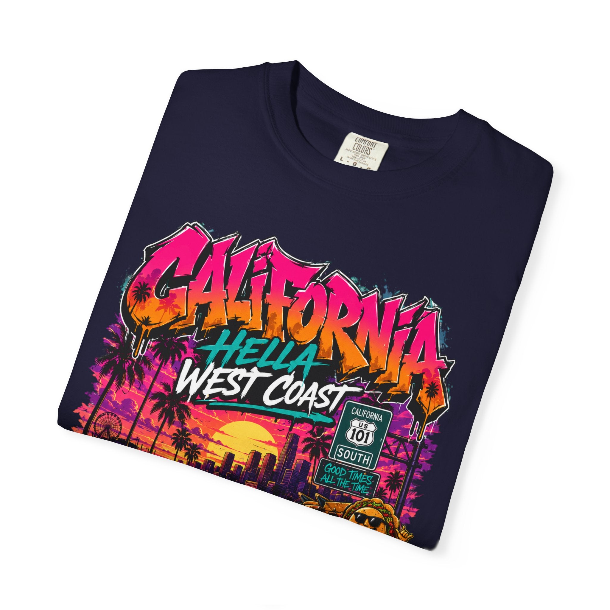 California West Coast Graphic T-Shirt — "California Hella" Vintage Sunset Car Design
