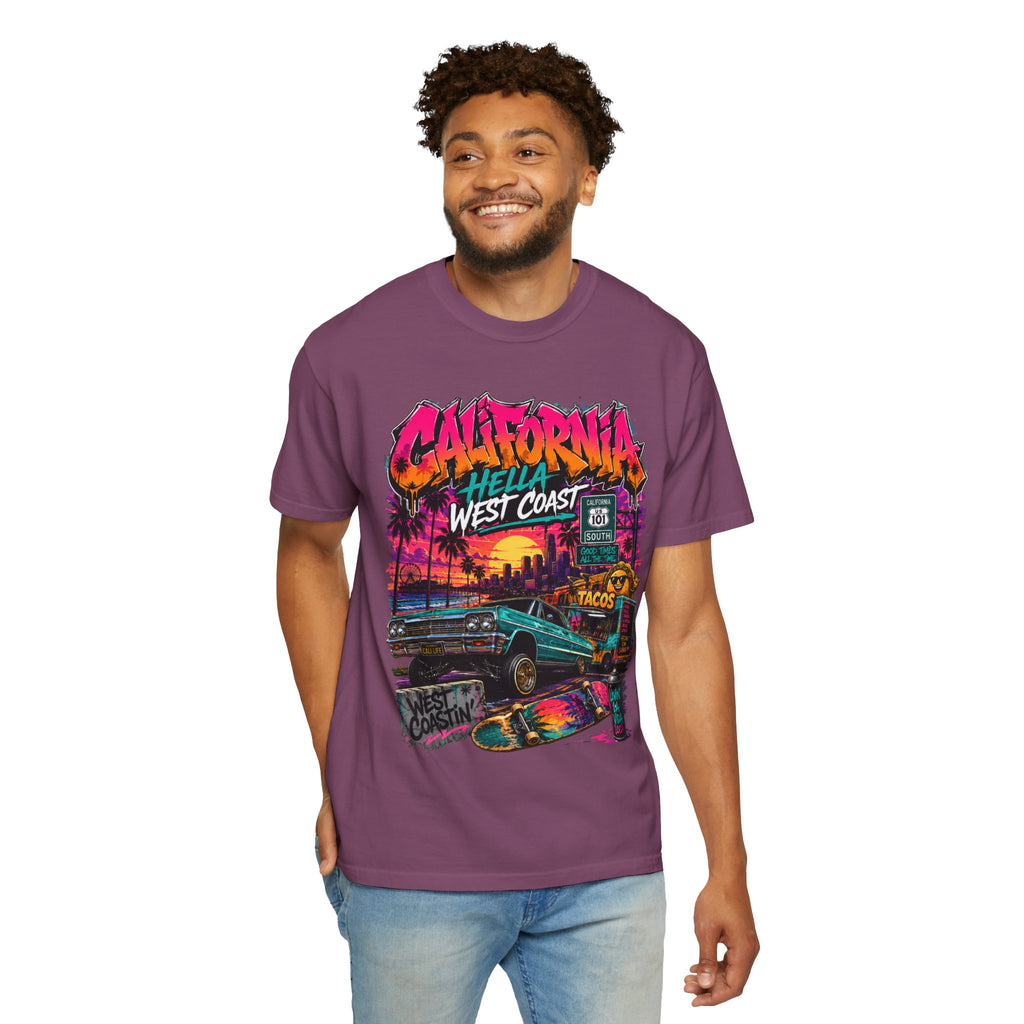 California West Coast Graphic T-Shirt — "California Hella" Vintage Sunset Car Design