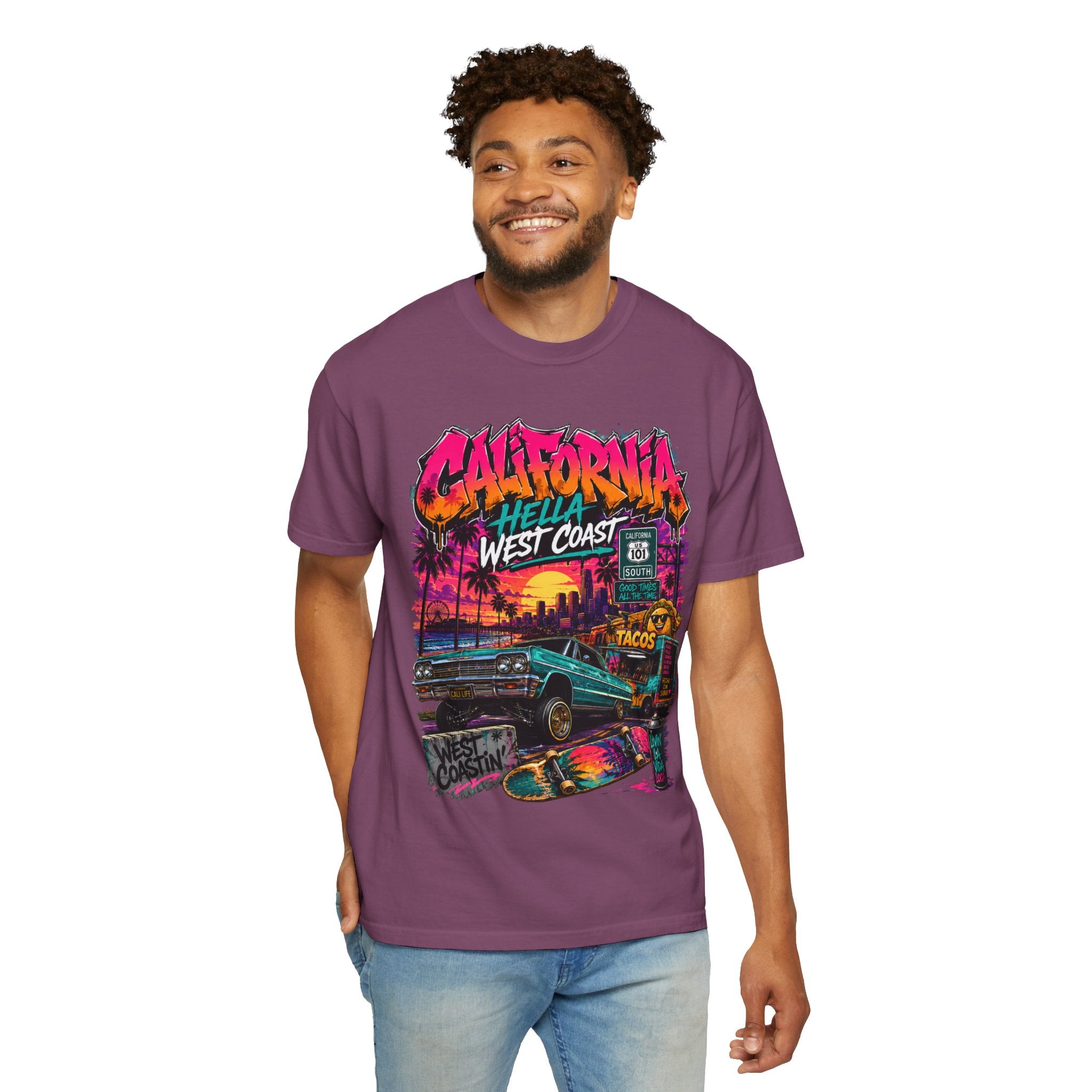 California West Coast Graphic T-Shirt — "California Hella" Vintage Sunset Car Design