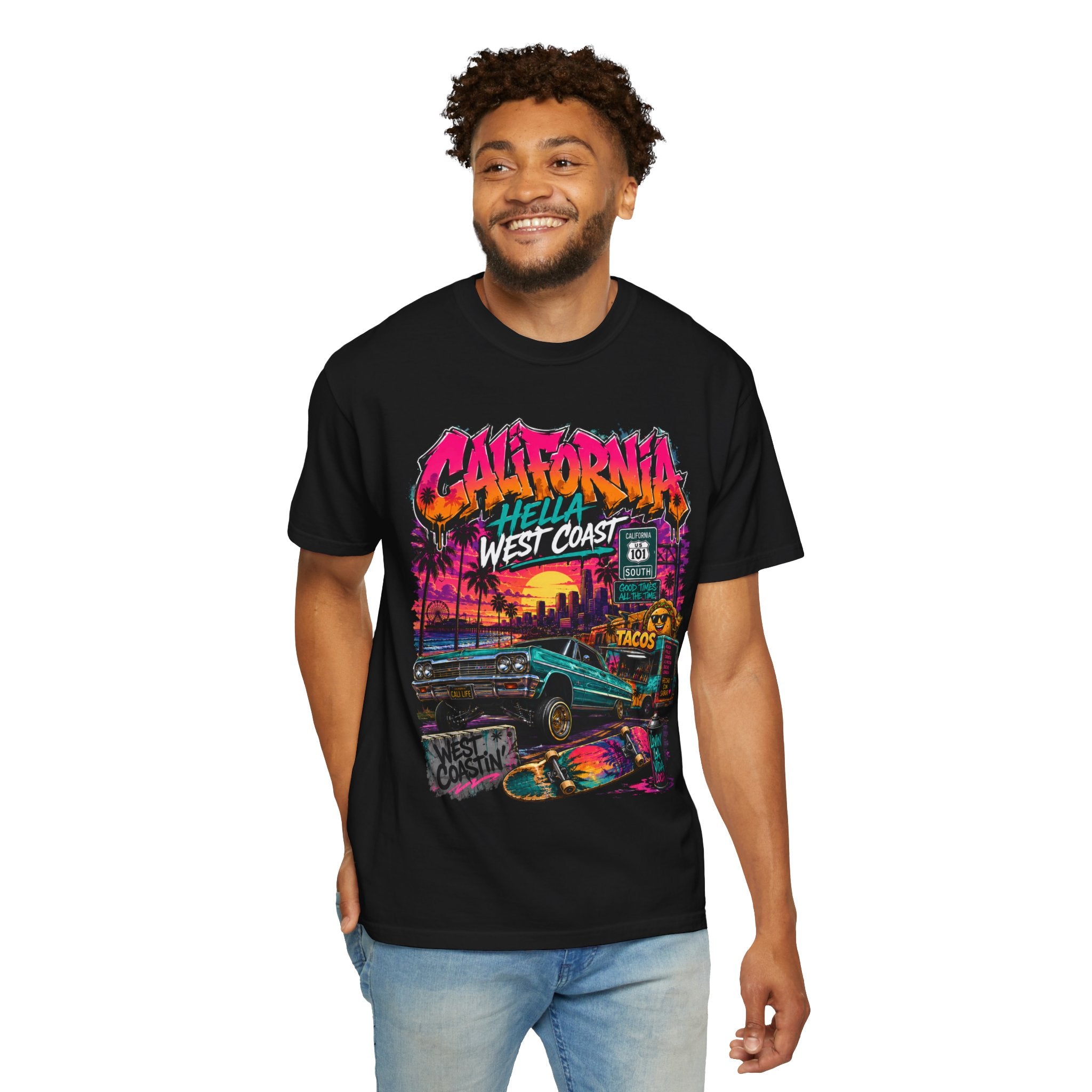 California West Coast Graphic T-Shirt — "California Hella" Vintage Sunset Car Design