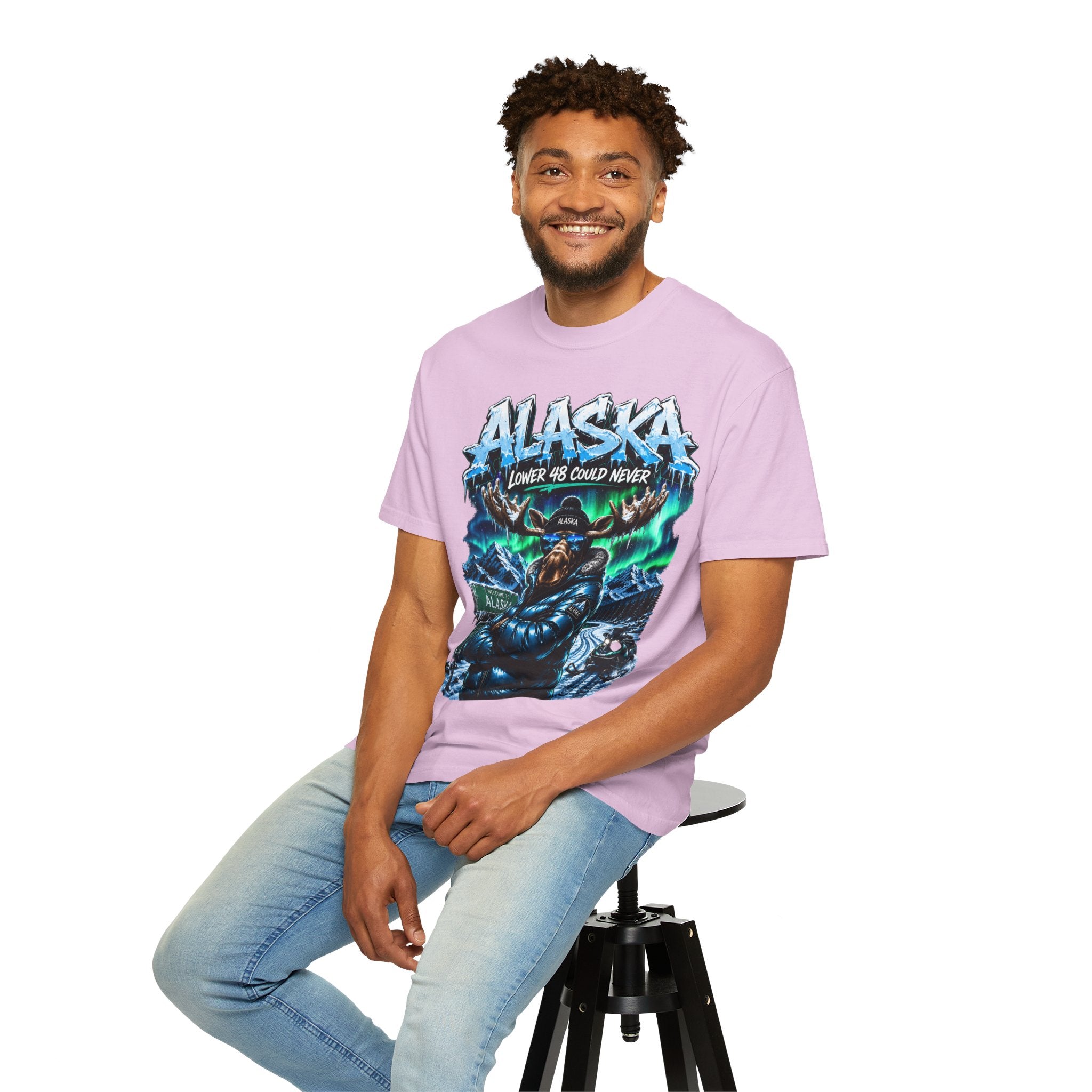 Alaska Moose Aurora Graphic T-Shirt — "Lower 48 Could Never"
