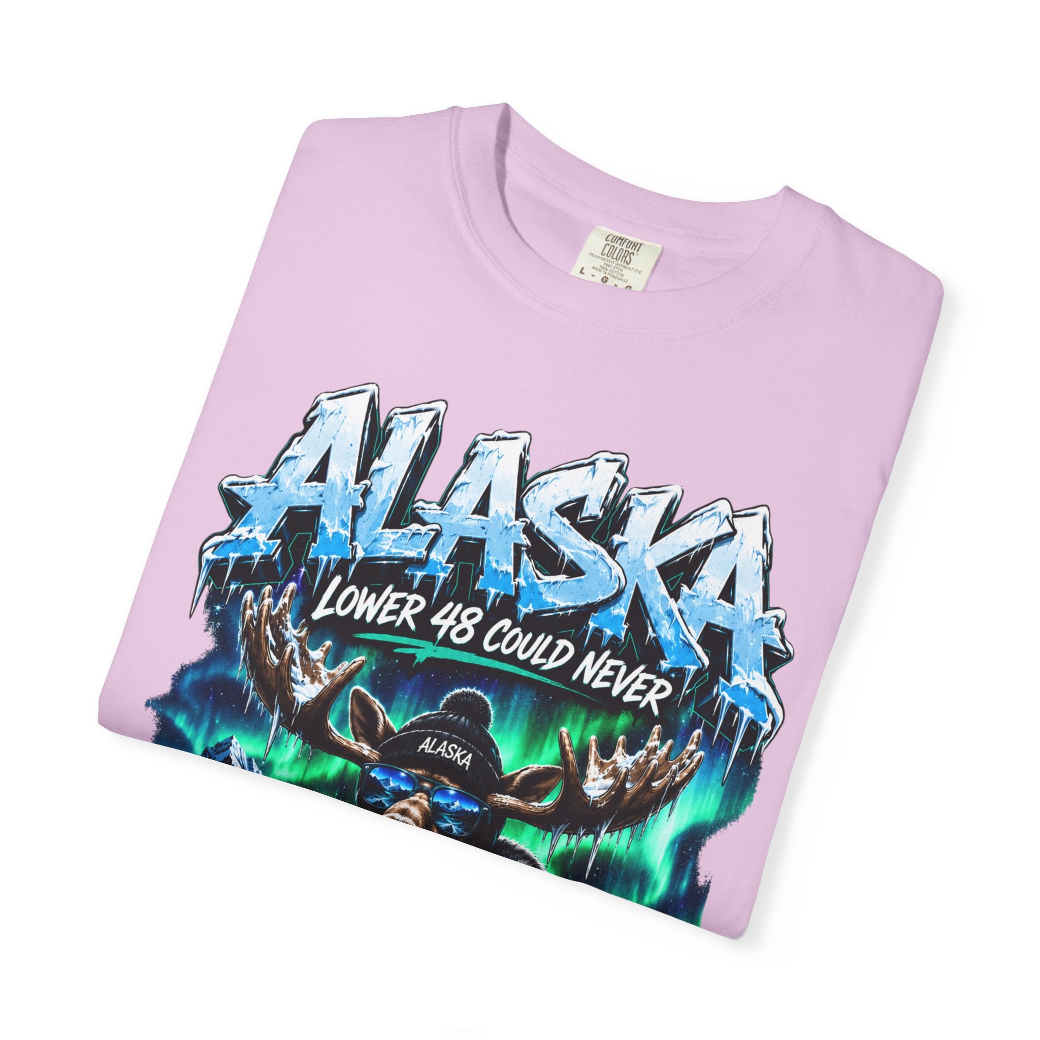 Alaska Moose Aurora Graphic T-Shirt — "Lower 48 Could Never"