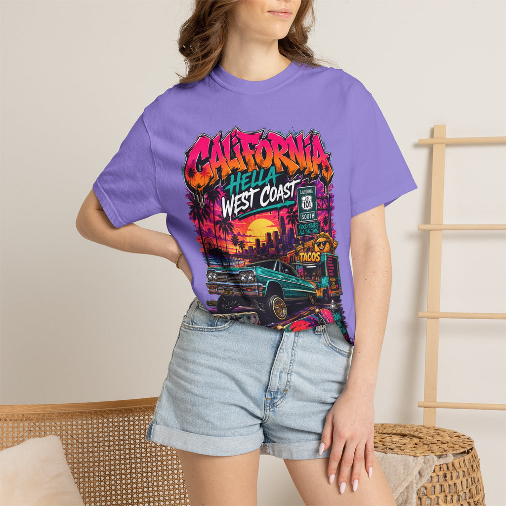 California West Coast Graphic T-Shirt — "California Hella" Vintage Sunset Car Design