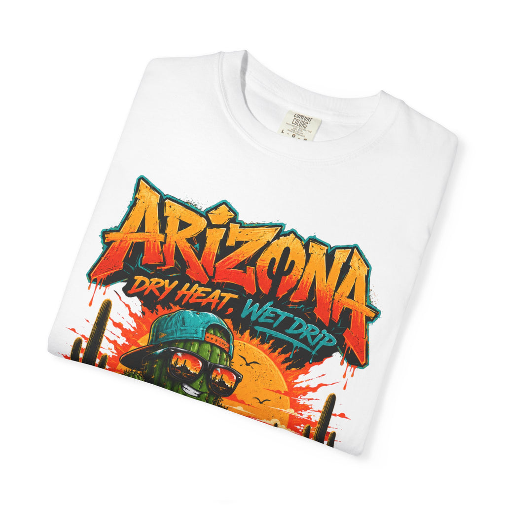 Arizona Desert Graphic T-Shirt — 'Arizona Dry Heat Wet Drop' Retro Cactus Sunset Tee
