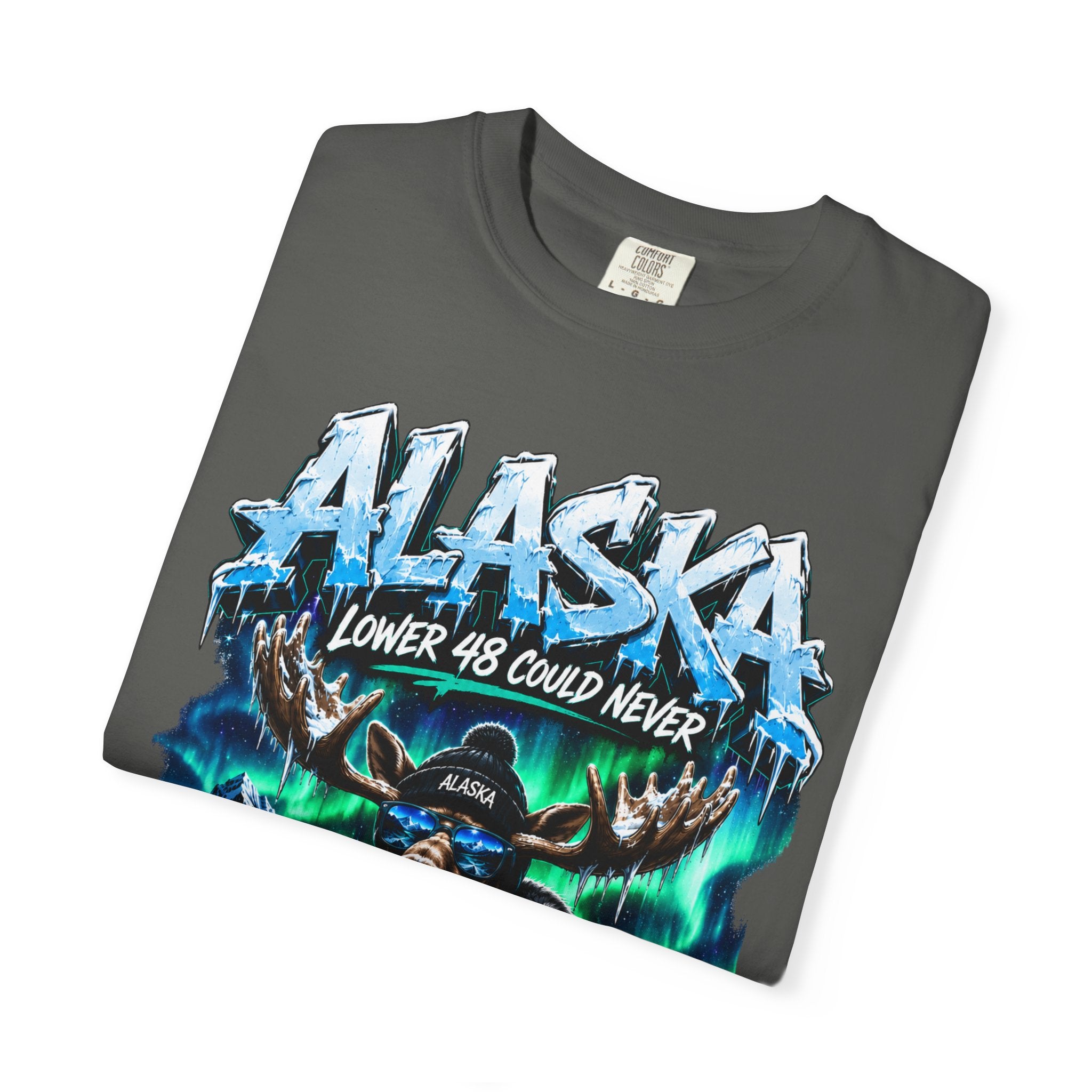 Alaska Moose Aurora Graphic T-Shirt — "Lower 48 Could Never"