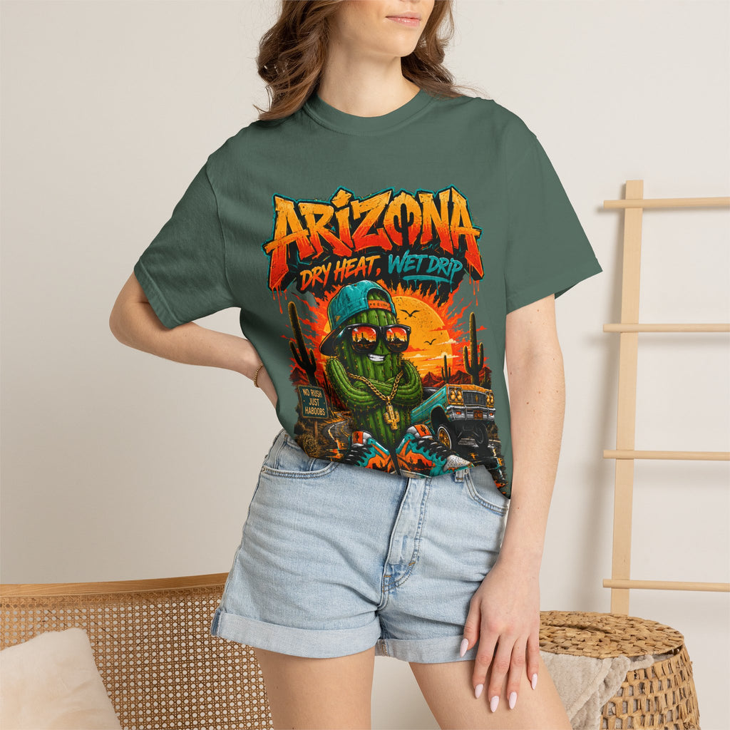 Arizona Desert Graphic T-Shirt — 'Arizona Dry Heat Wet Drop' Retro Cactus Sunset Tee