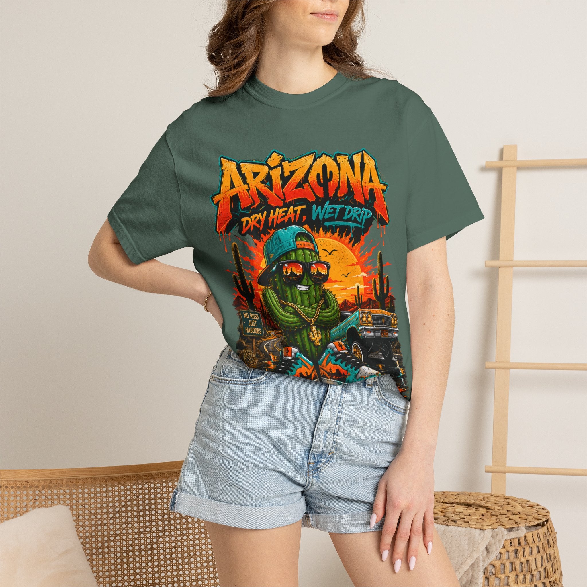 Arizona Desert Graphic T-Shirt — 'Arizona Dry Heat Wet Drop' Retro Cactus Sunset Tee