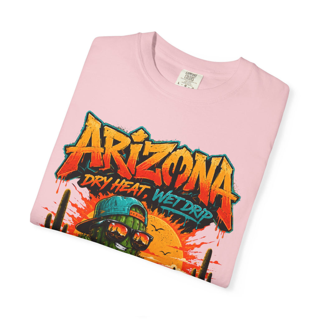 Arizona Desert Graphic T-Shirt — 'Arizona Dry Heat Wet Drop' Retro Cactus Sunset Tee