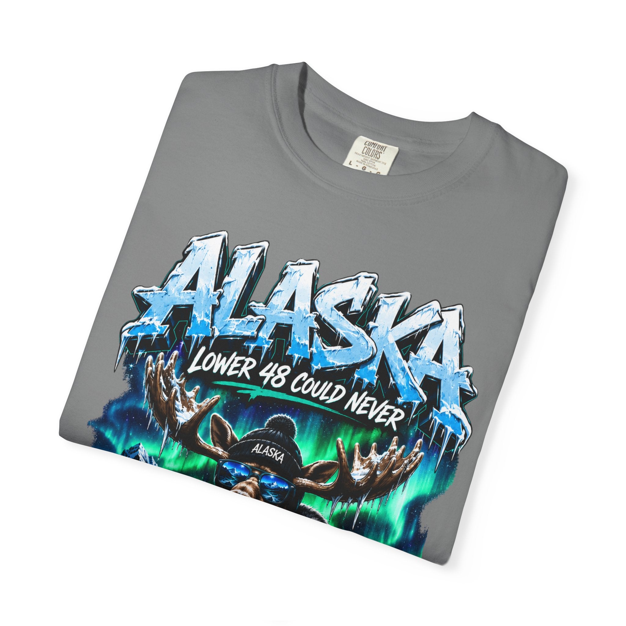 Alaska Moose Aurora Graphic T-Shirt — "Lower 48 Could Never"