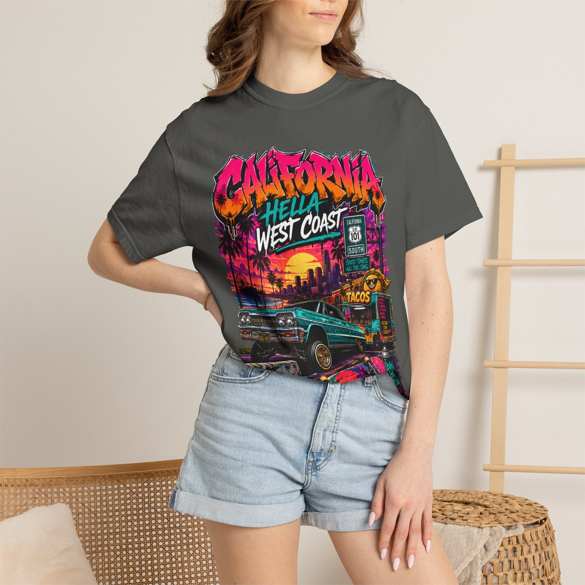 California West Coast Graphic T-Shirt — "California Hella" Vintage Sunset Car Design