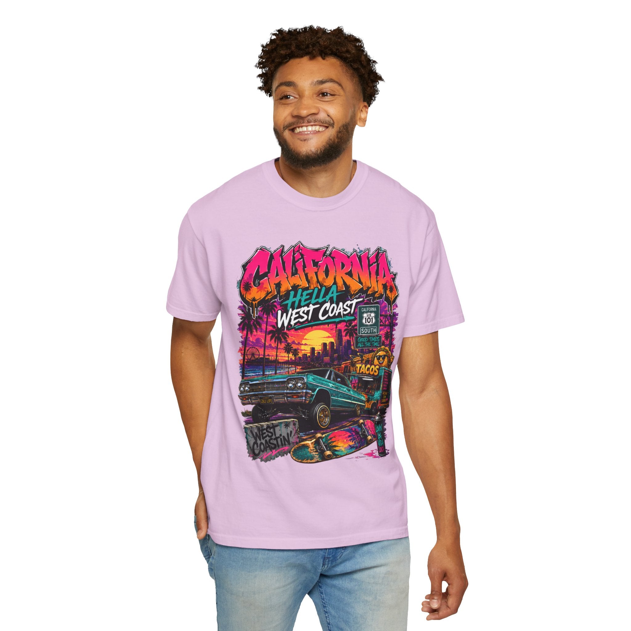 California West Coast Graphic T-Shirt — "California Hella" Vintage Sunset Car Design