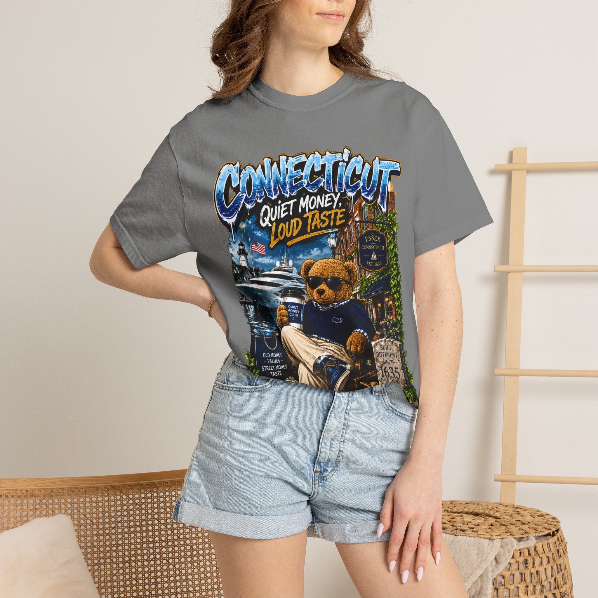 Connecticut Bear Vintage T-Shirt — "Quiet Money, Loud Taste" Graphic Tee