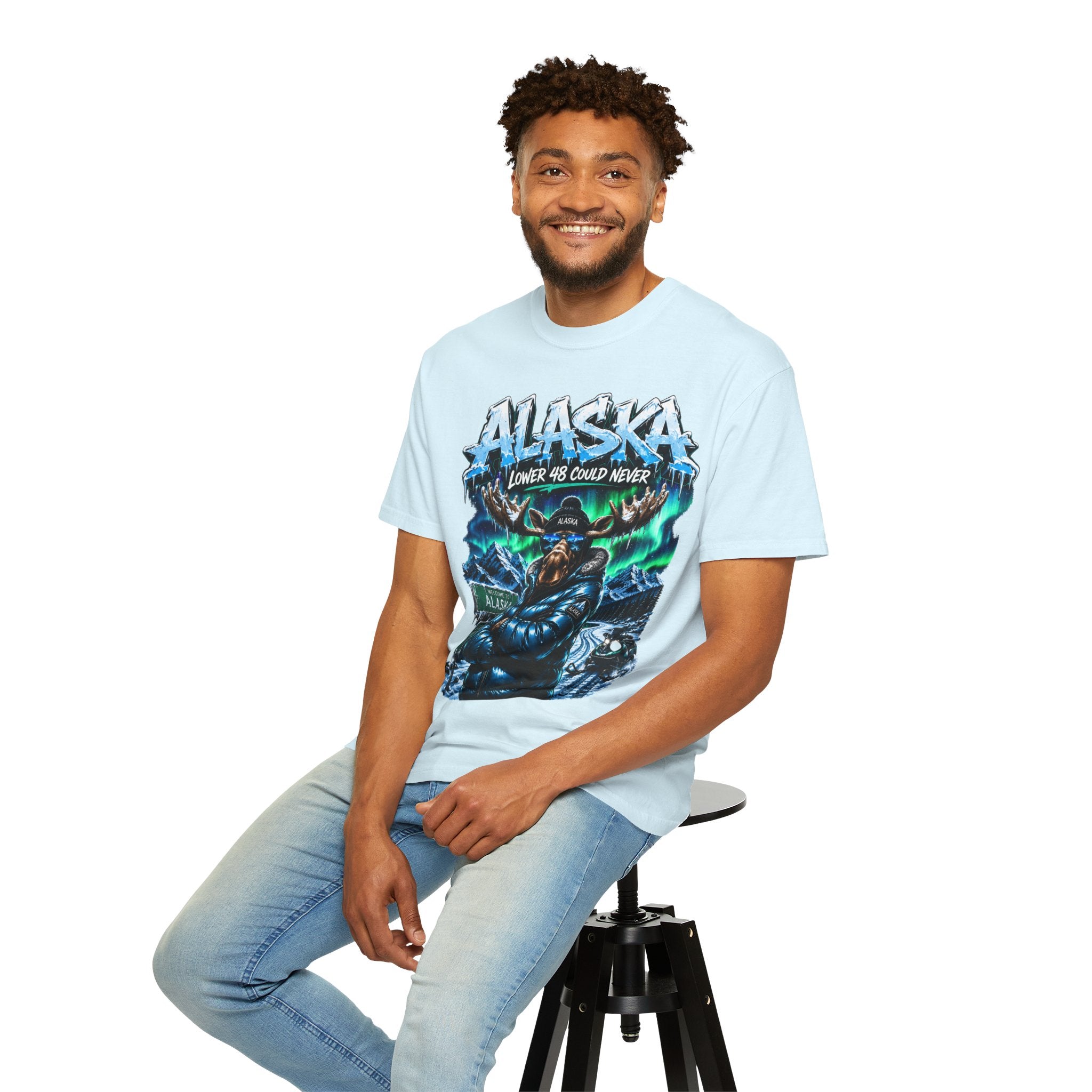 Alaska Moose Aurora Graphic T-Shirt — "Lower 48 Could Never"
