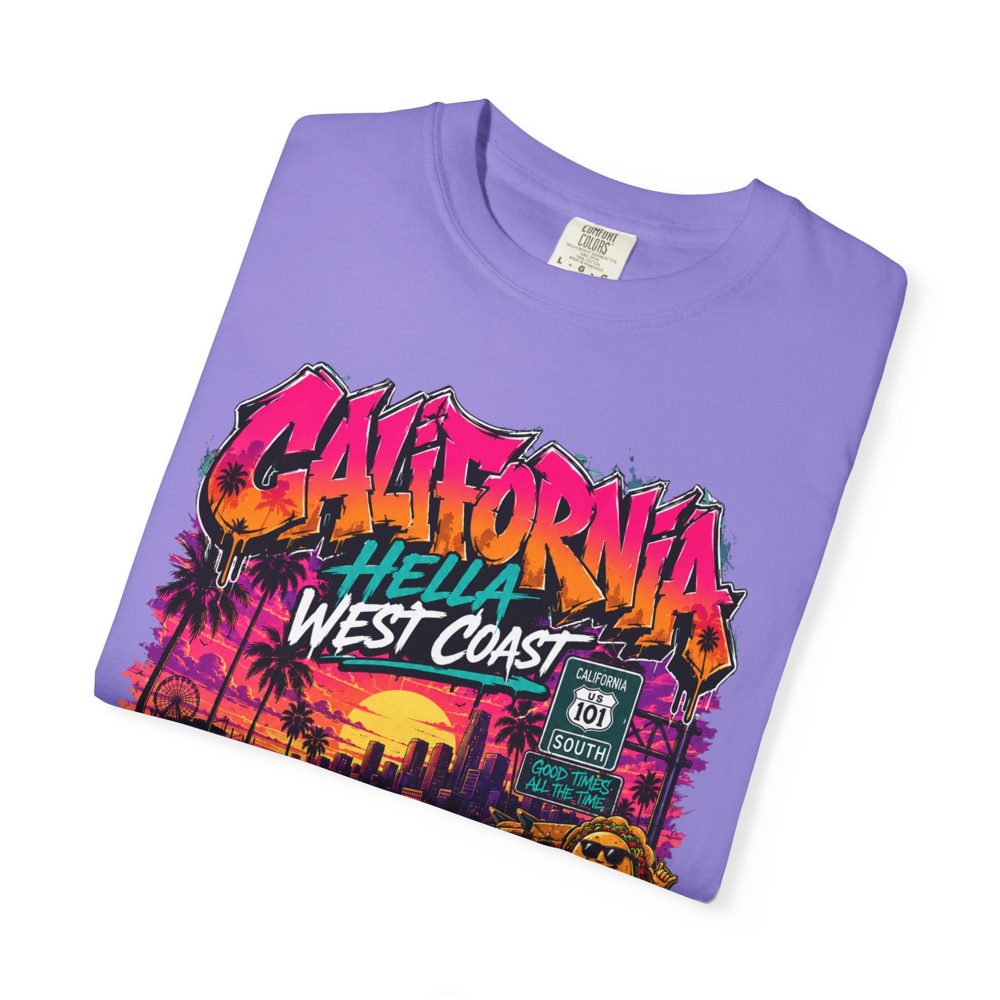 California West Coast Graphic T-Shirt — "California Hella" Vintage Sunset Car Design