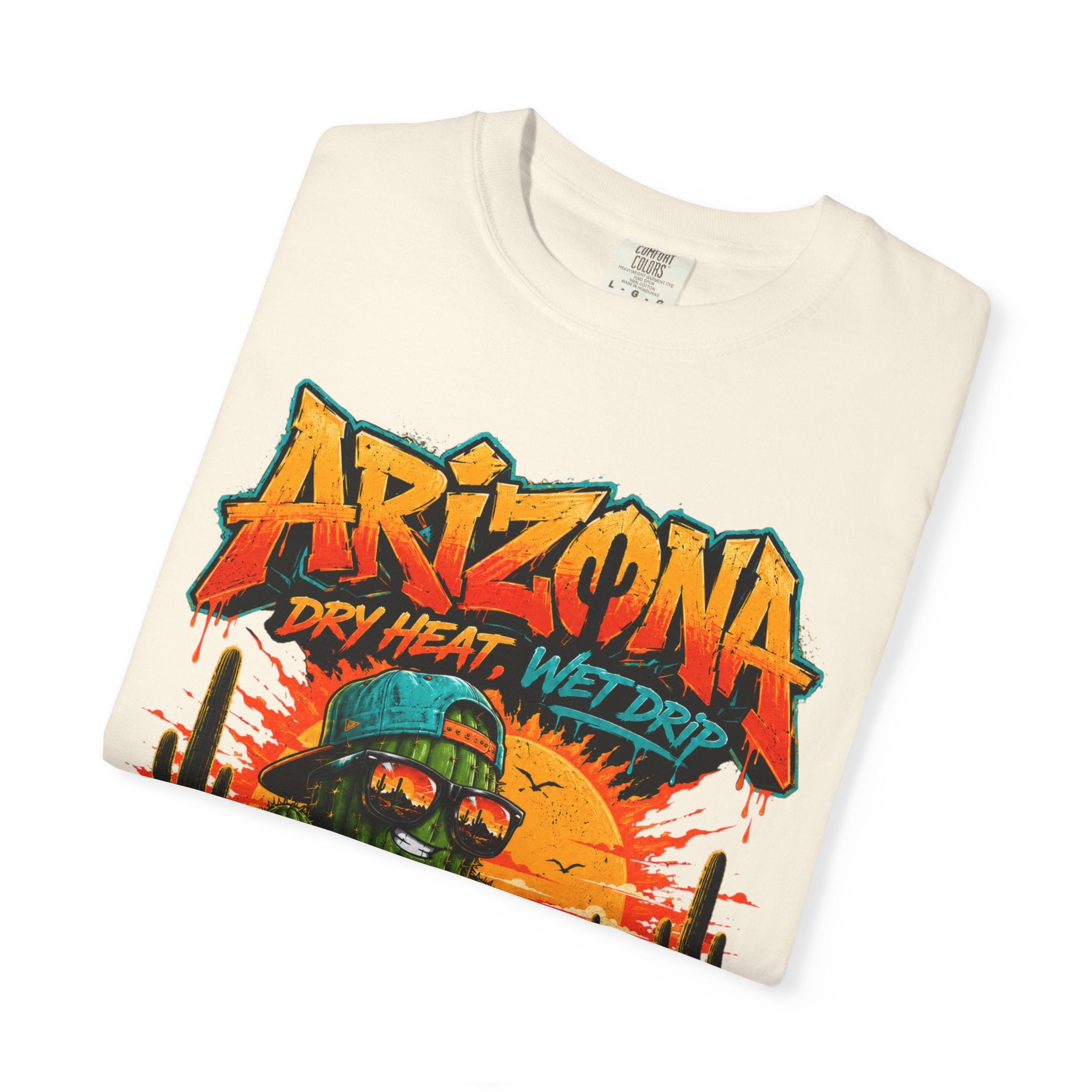 Arizona Desert Graphic T-Shirt — 'Arizona Dry Heat Wet Drop' Retro Cactus Sunset Tee