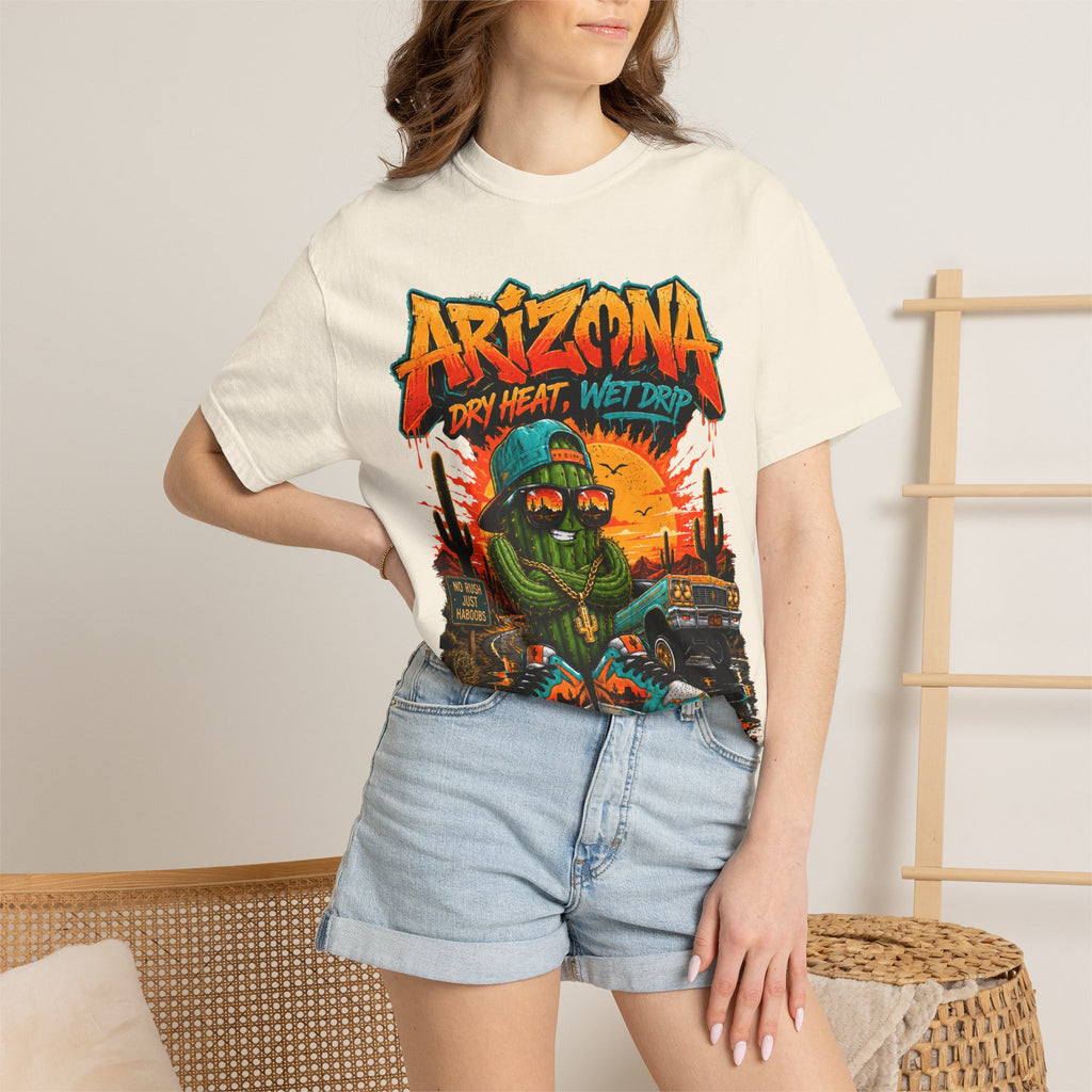Arizona Desert Graphic T-Shirt — 'Arizona Dry Heat Wet Drop' Retro Cactus Sunset Tee