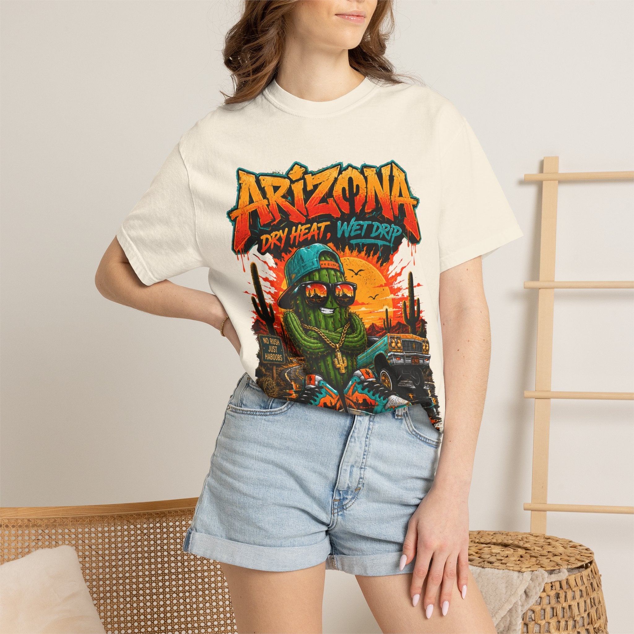 Arizona Desert Graphic T-Shirt — 'Arizona Dry Heat Wet Drop' Retro Cactus Sunset Tee