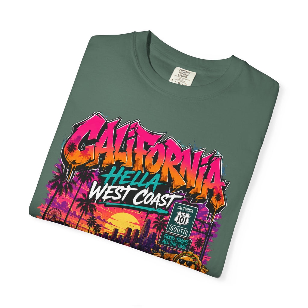 California West Coast Graphic T-Shirt — "California Hella" Vintage Sunset Car Design