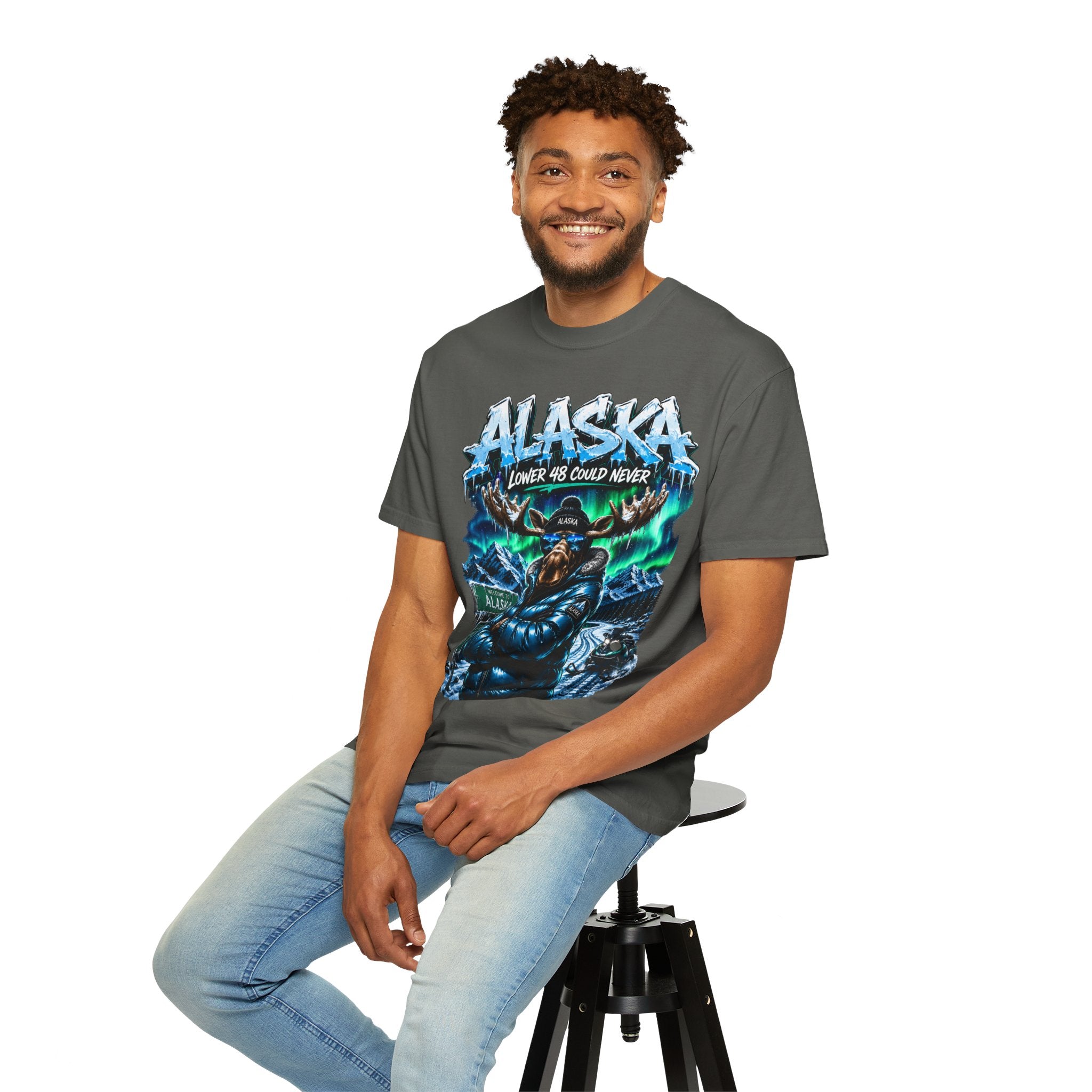 Alaska Moose Aurora Graphic T-Shirt — "Lower 48 Could Never"