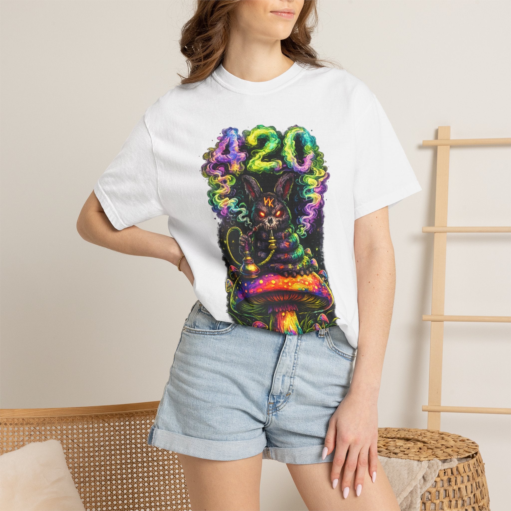 420 Psychedelic Cat T-Shirt — Colorful Mushroom Smoke Graphic