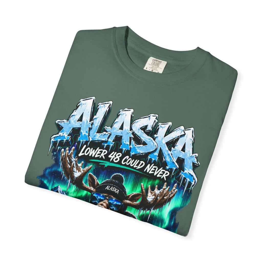 Alaska Moose Aurora Graphic T-Shirt — "Lower 48 Could Never"