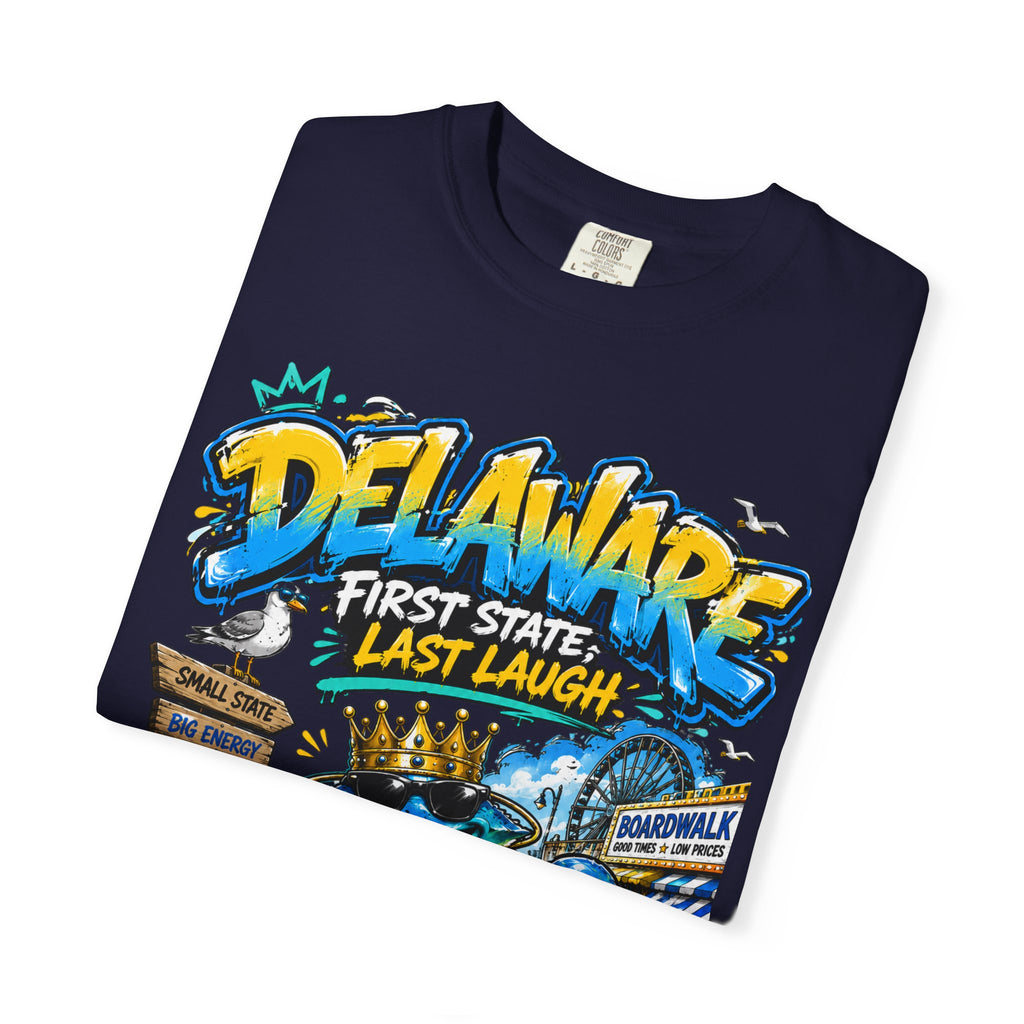 Delaware Frog Graphic T-Shirt — 'First State, Last Laugh' Coastal Souvenir Tee