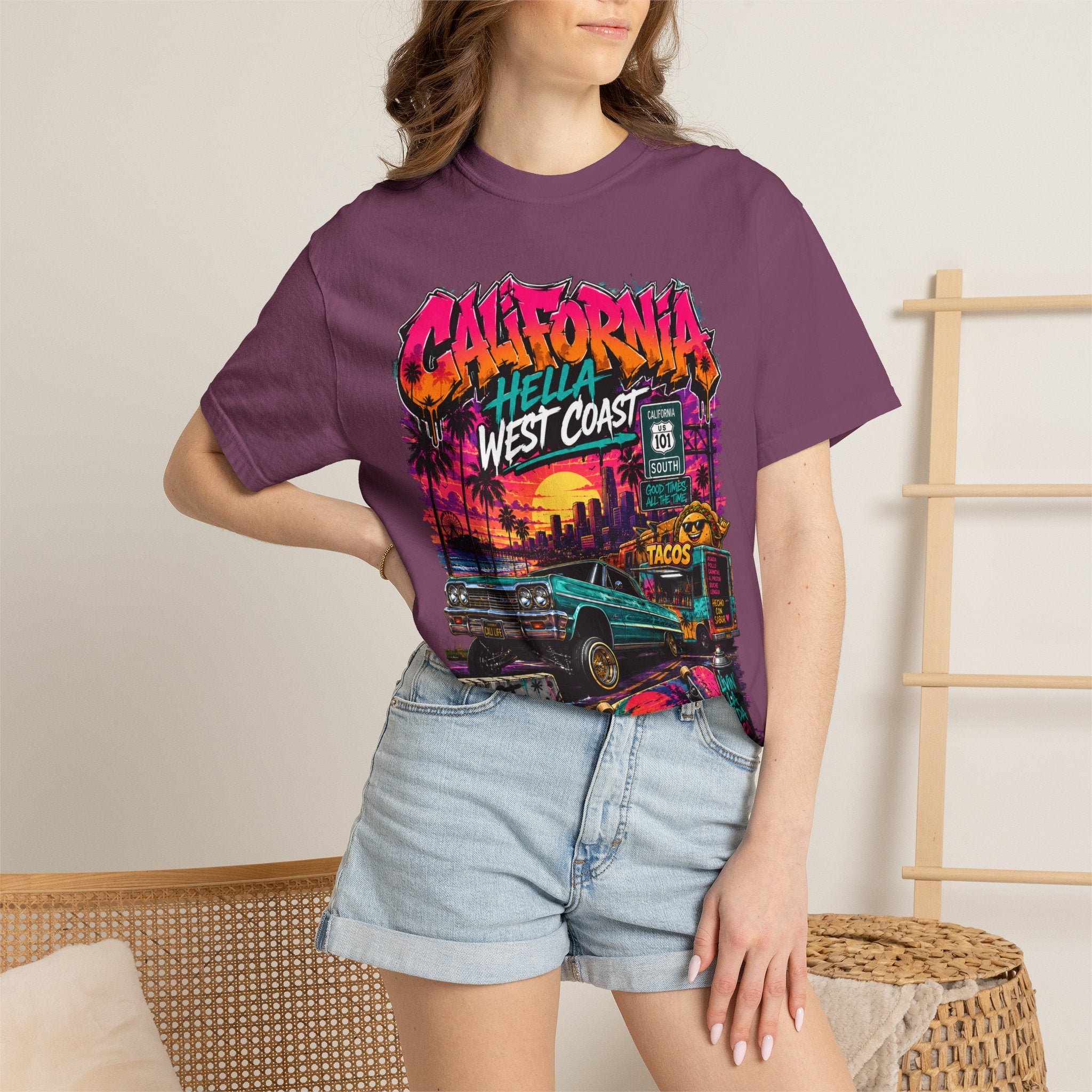 California West Coast Graphic T-Shirt — "California Hella" Vintage Sunset Car Design