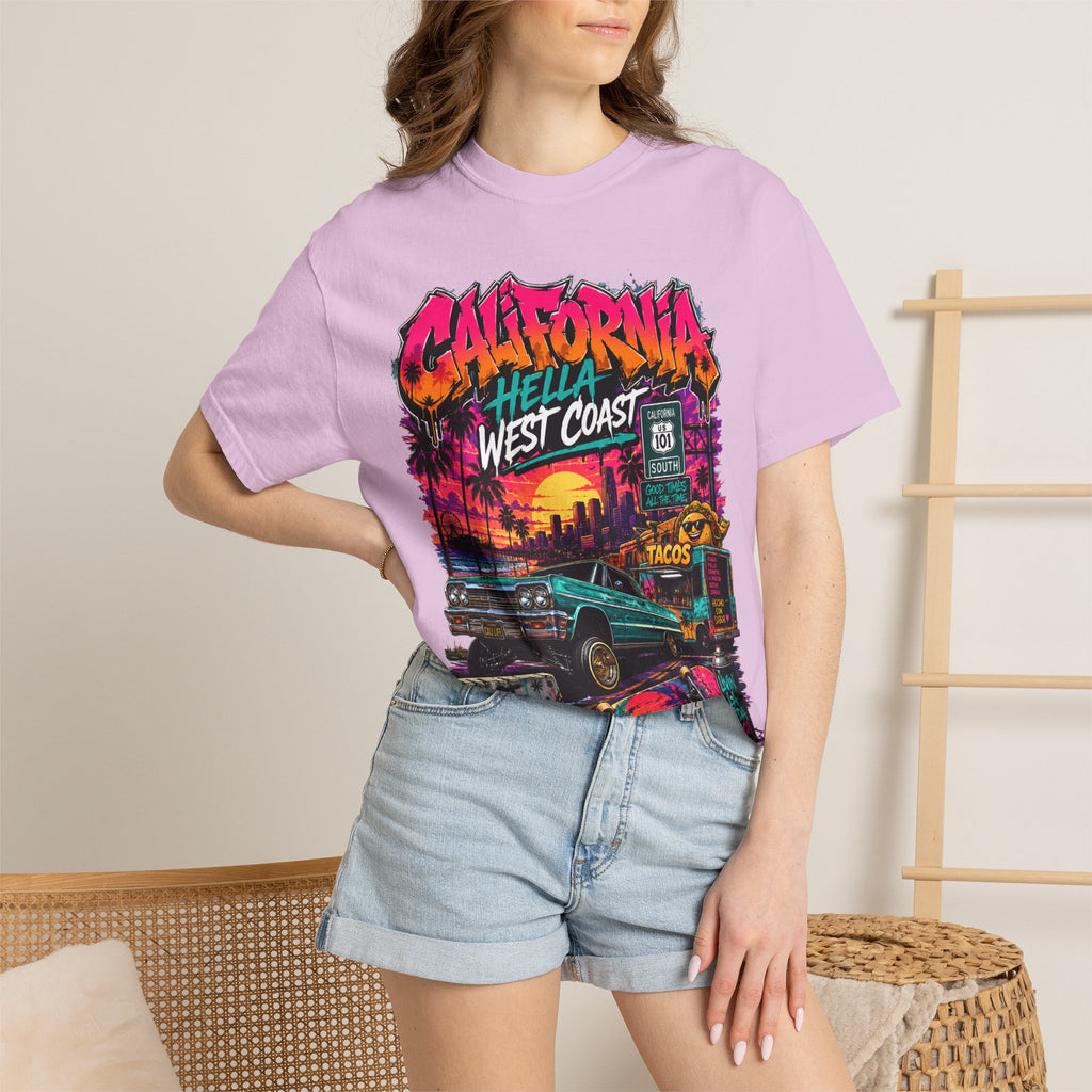 California West Coast Graphic T-Shirt — "California Hella" Vintage Sunset Car Design