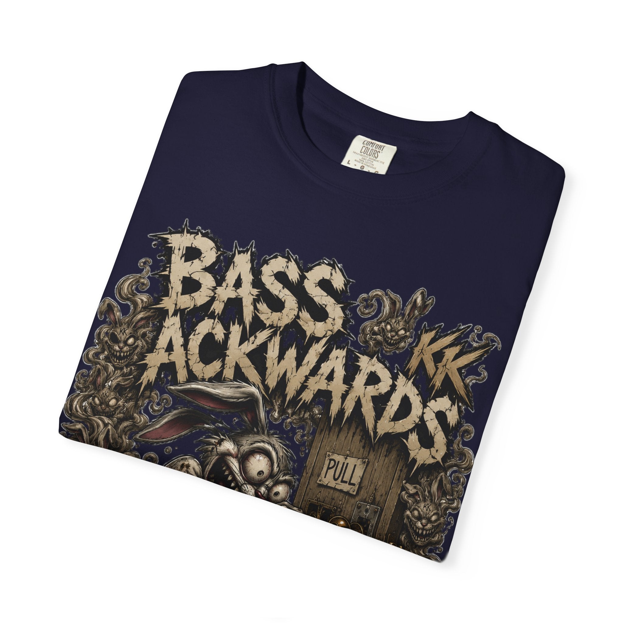 Bass Ackwards Graphic T‑Shirt — Heavy Metal Band Skull Design
