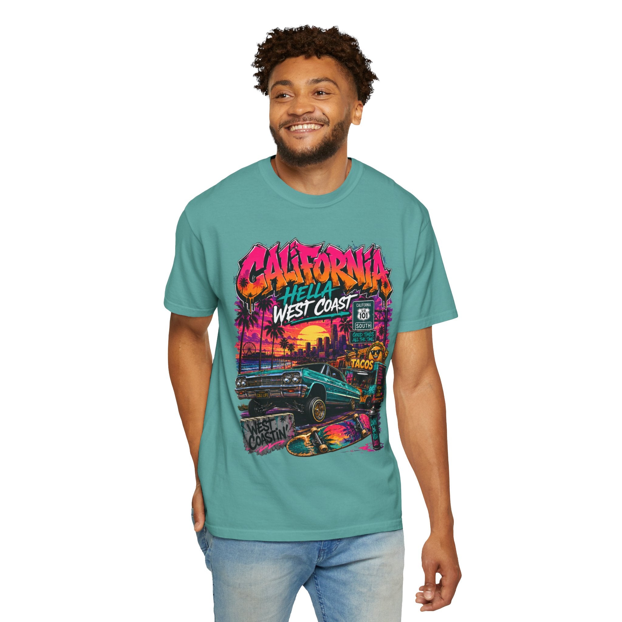 California West Coast Graphic T-Shirt — "California Hella" Vintage Sunset Car Design