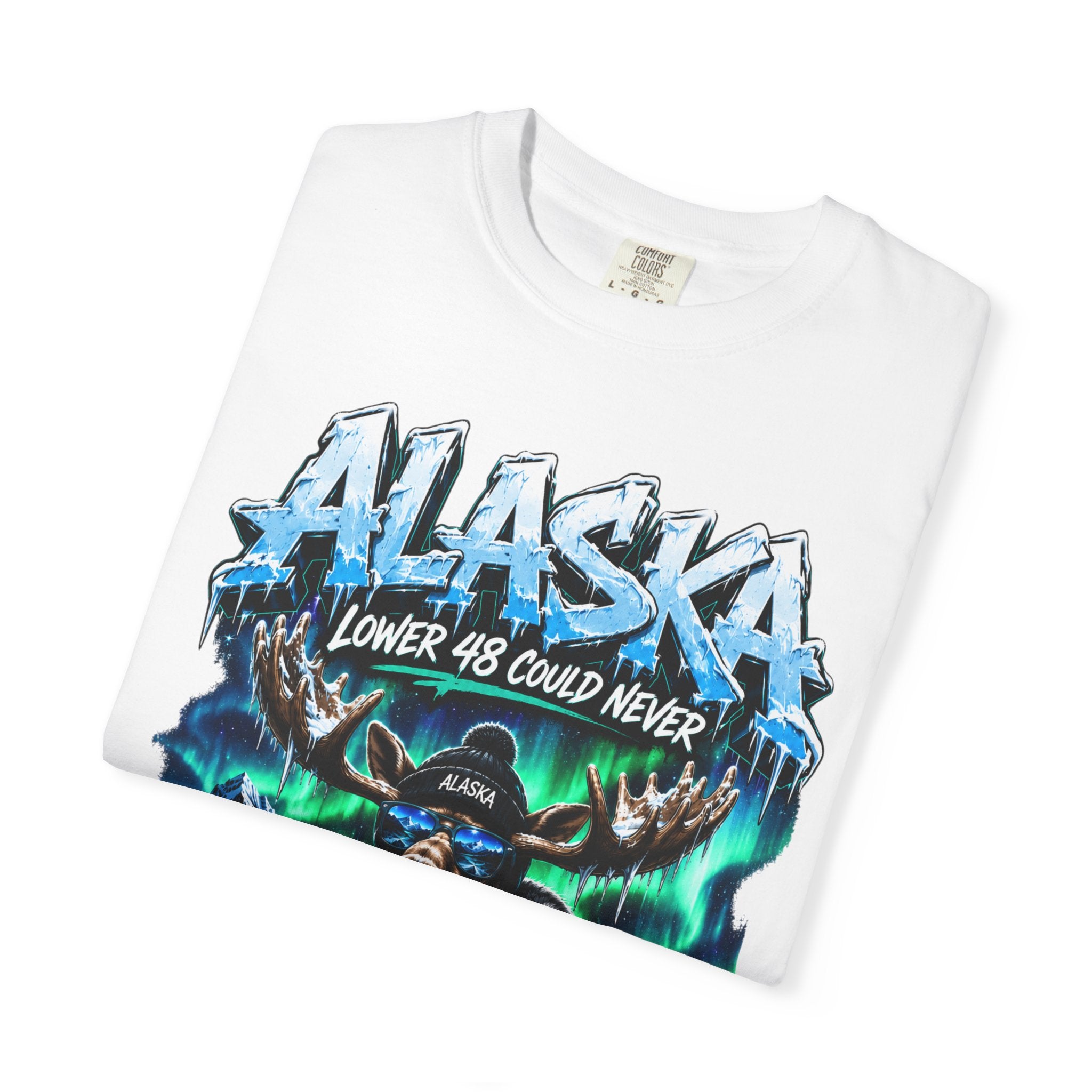 Alaska Moose Aurora Graphic T-Shirt — "Lower 48 Could Never"