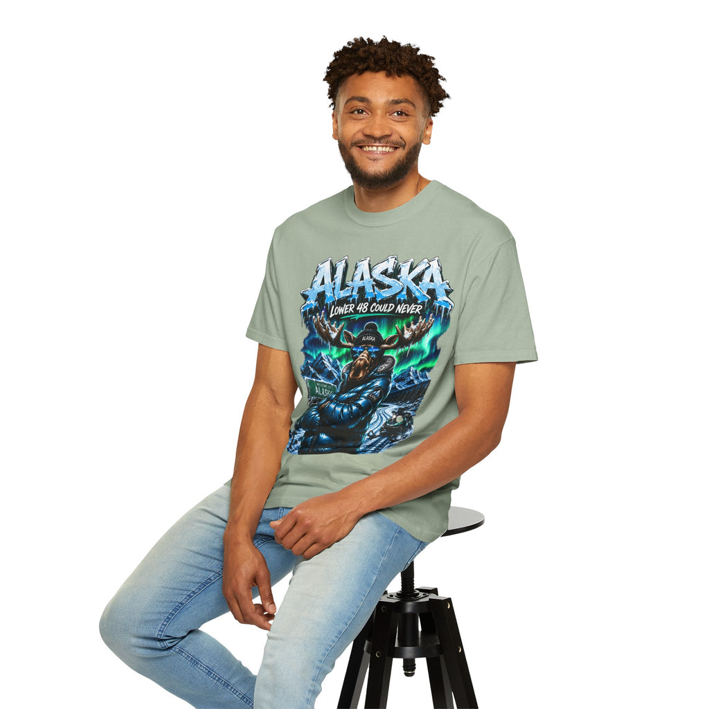 Alaska Moose Aurora Graphic T-Shirt — "Lower 48 Could Never"