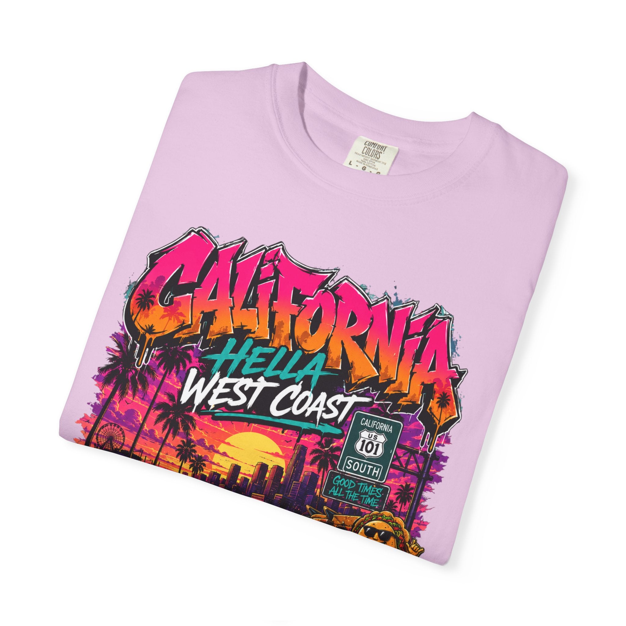 California West Coast Graphic T-Shirt — "California Hella" Vintage Sunset Car Design