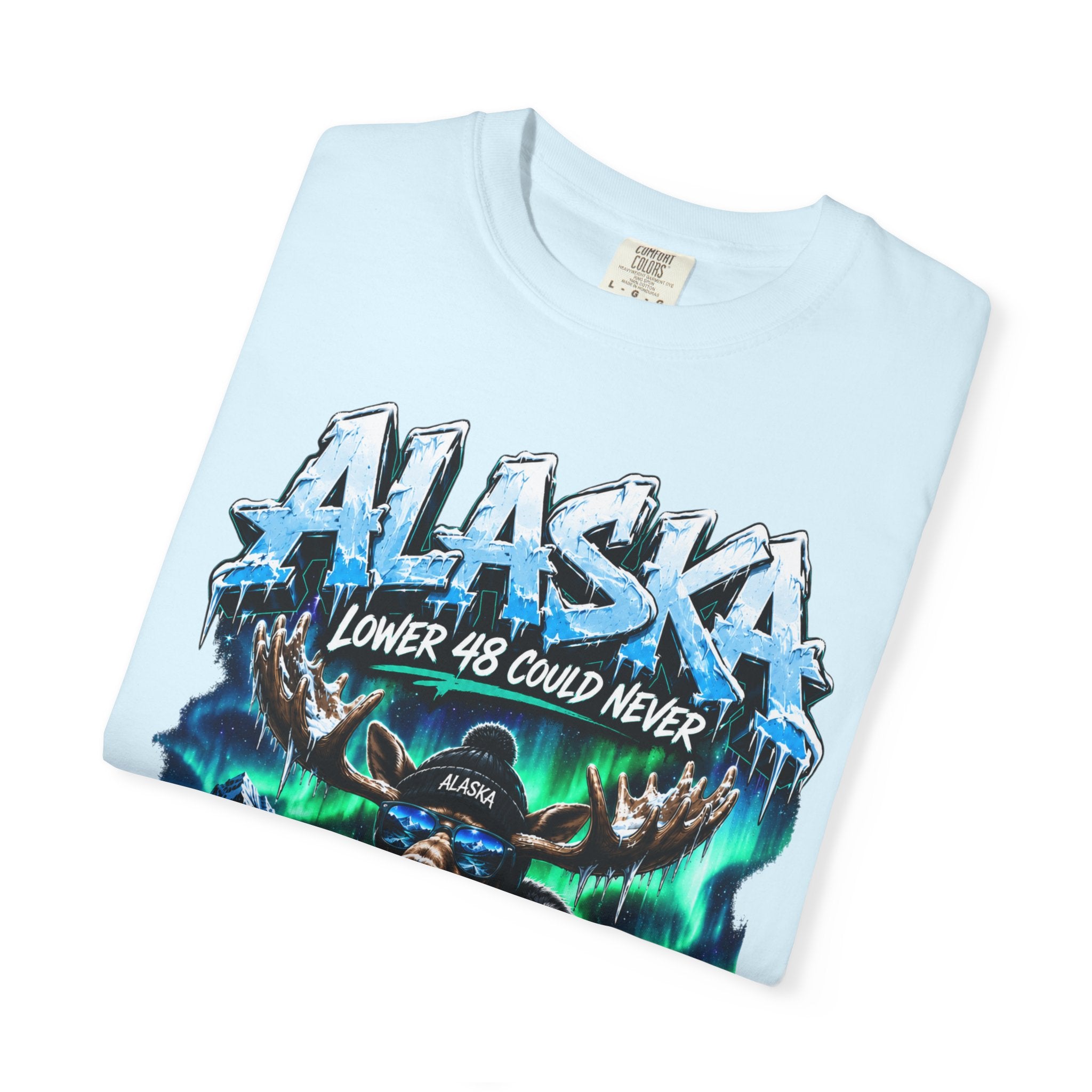 Alaska Moose Aurora Graphic T-Shirt — "Lower 48 Could Never"