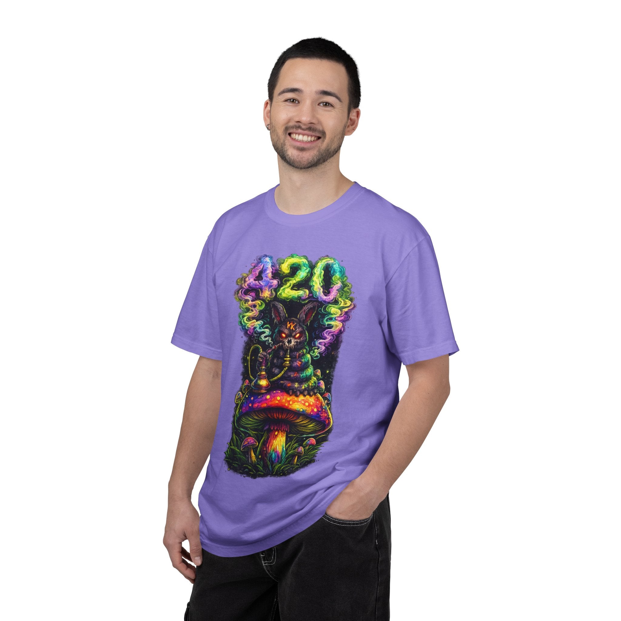 420 Psychedelic Cat T-Shirt — Colorful Mushroom Smoke Graphic