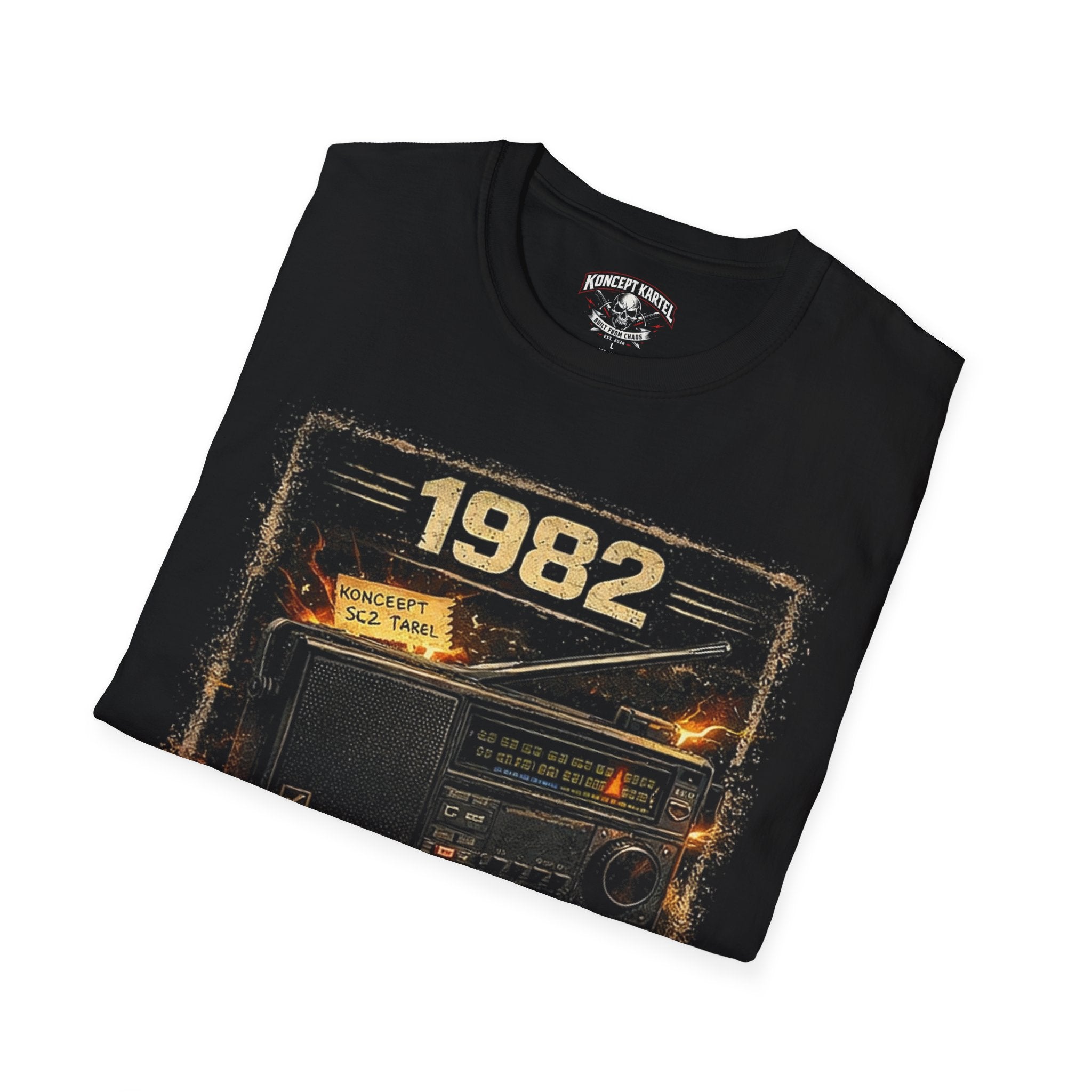1982 Retro Radio T-Shirt — Vintage Cassette & Boombox Graphic Tee