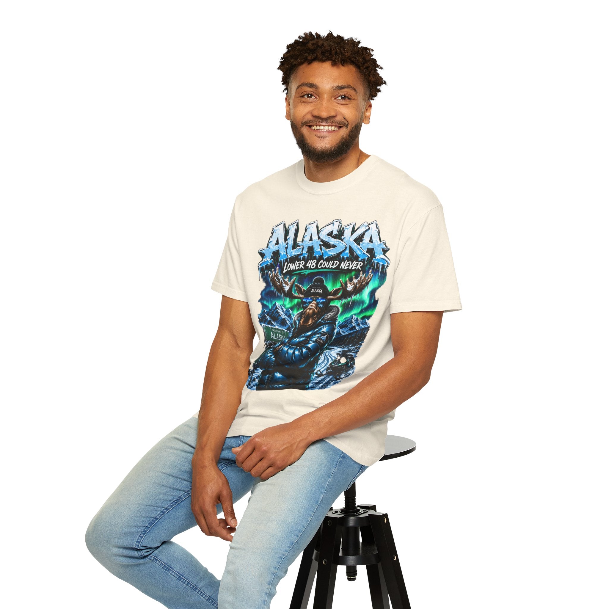 Alaska Moose Aurora Graphic T-Shirt — "Lower 48 Could Never"
