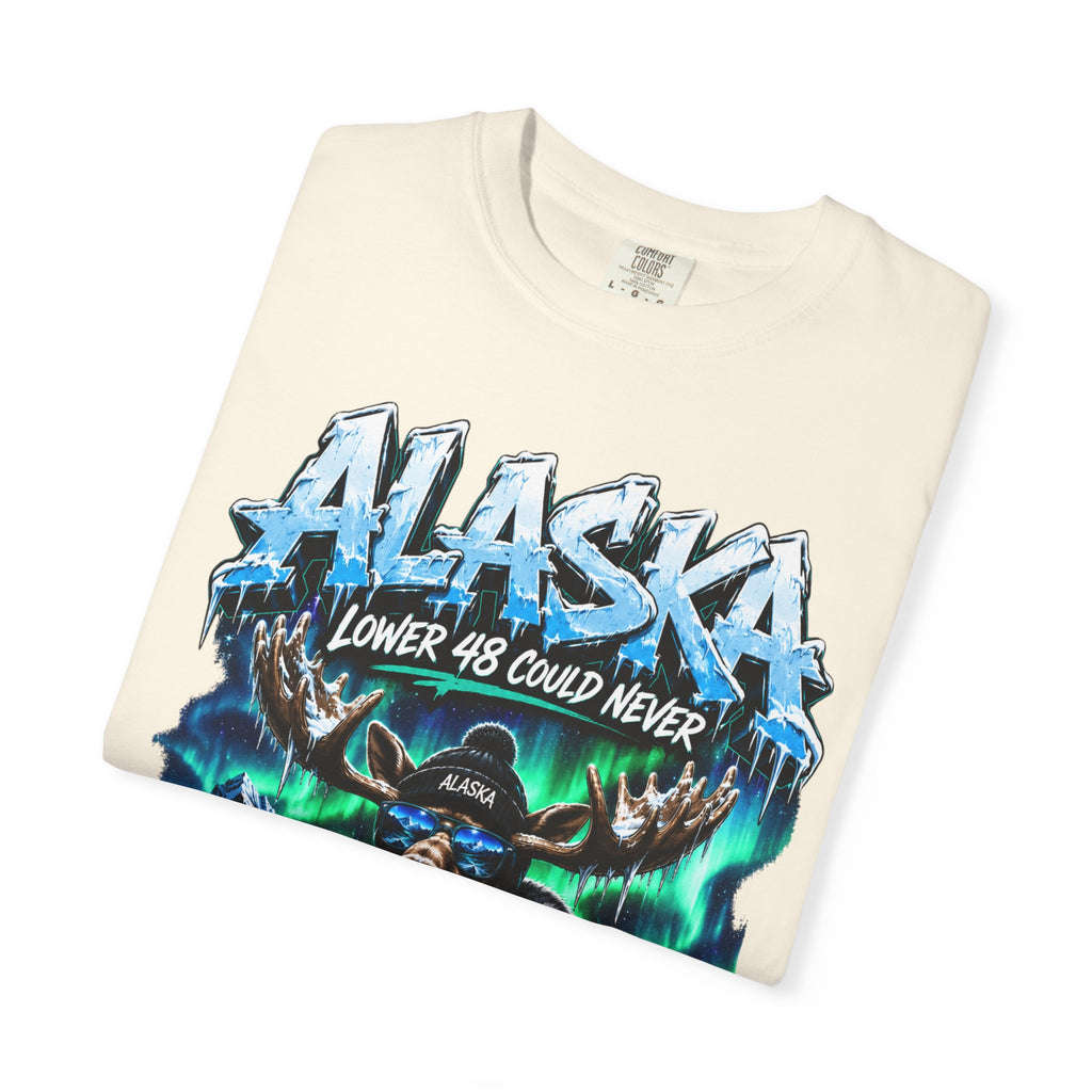 Alaska Moose Aurora Graphic T-Shirt — "Lower 48 Could Never"