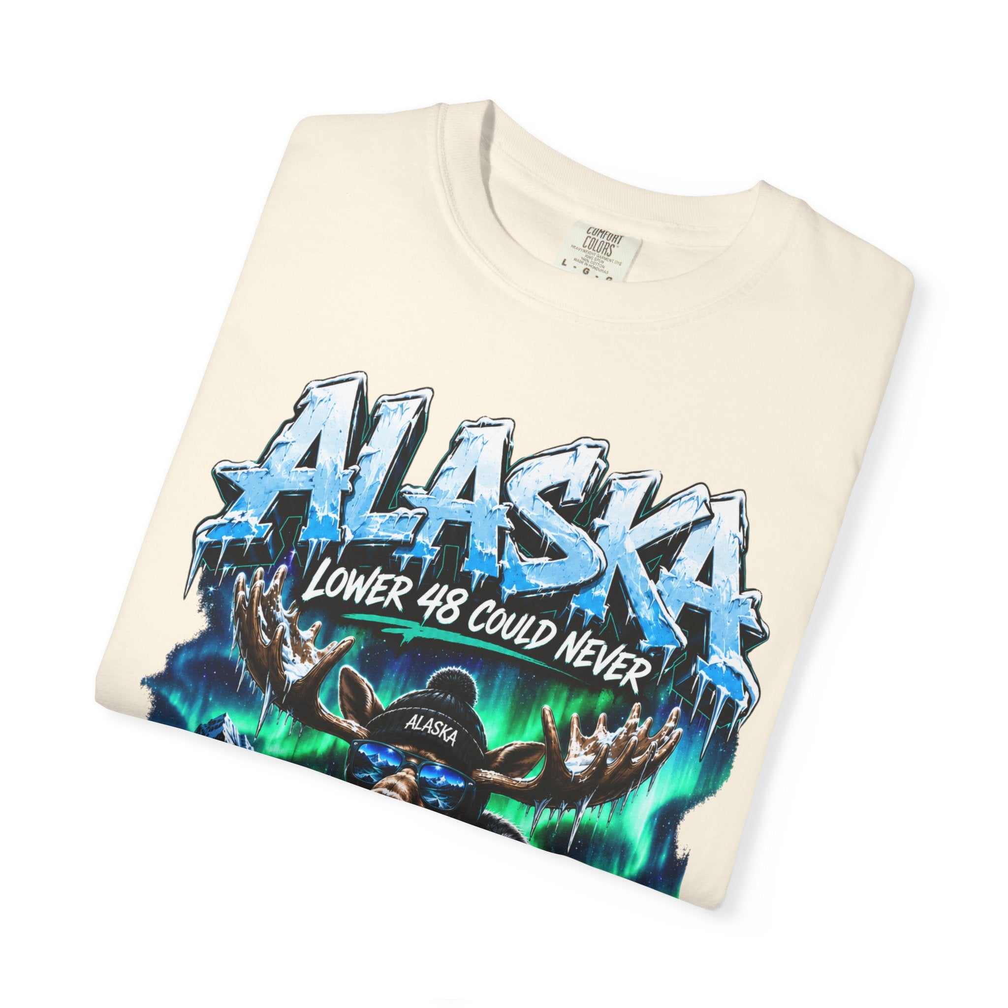 Alaska Moose Aurora Graphic T-Shirt — "Lower 48 Could Never"