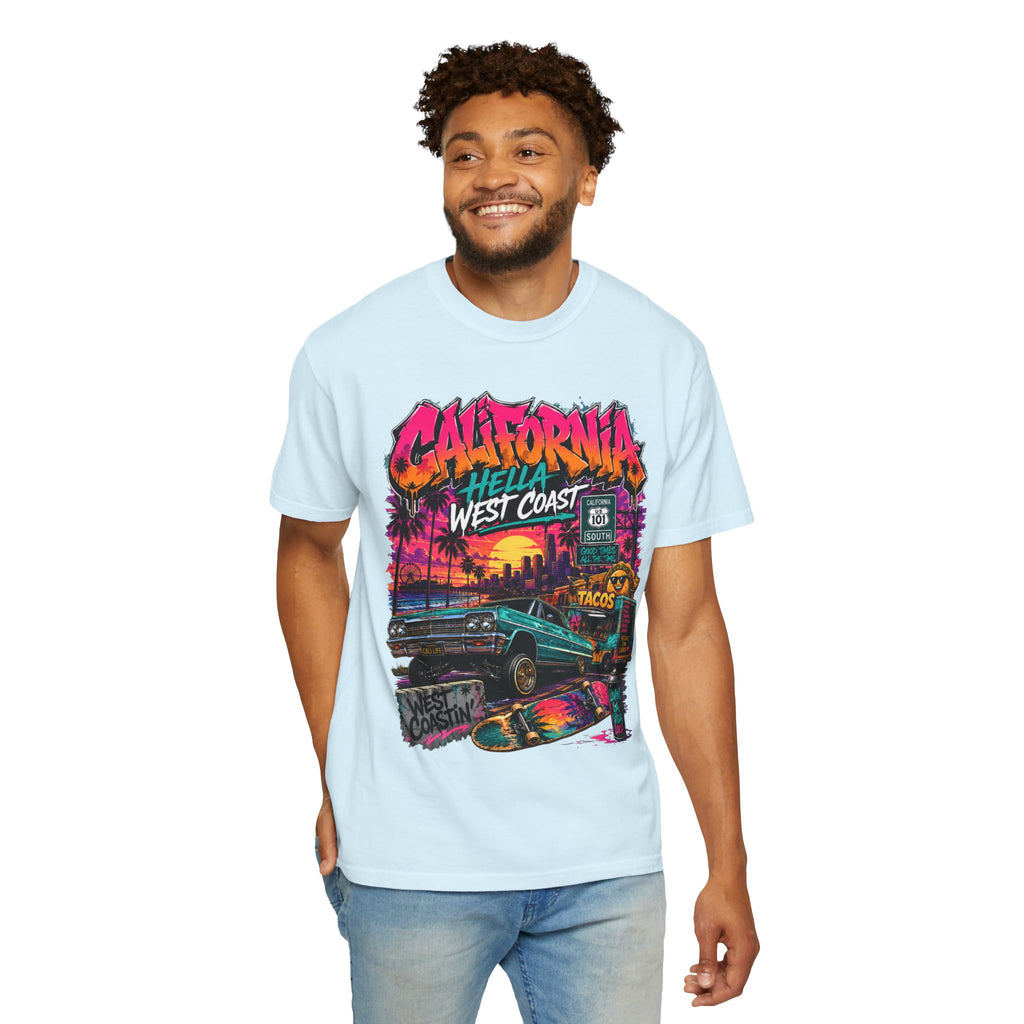 California West Coast Graphic T-Shirt — "California Hella" Vintage Sunset Car Design