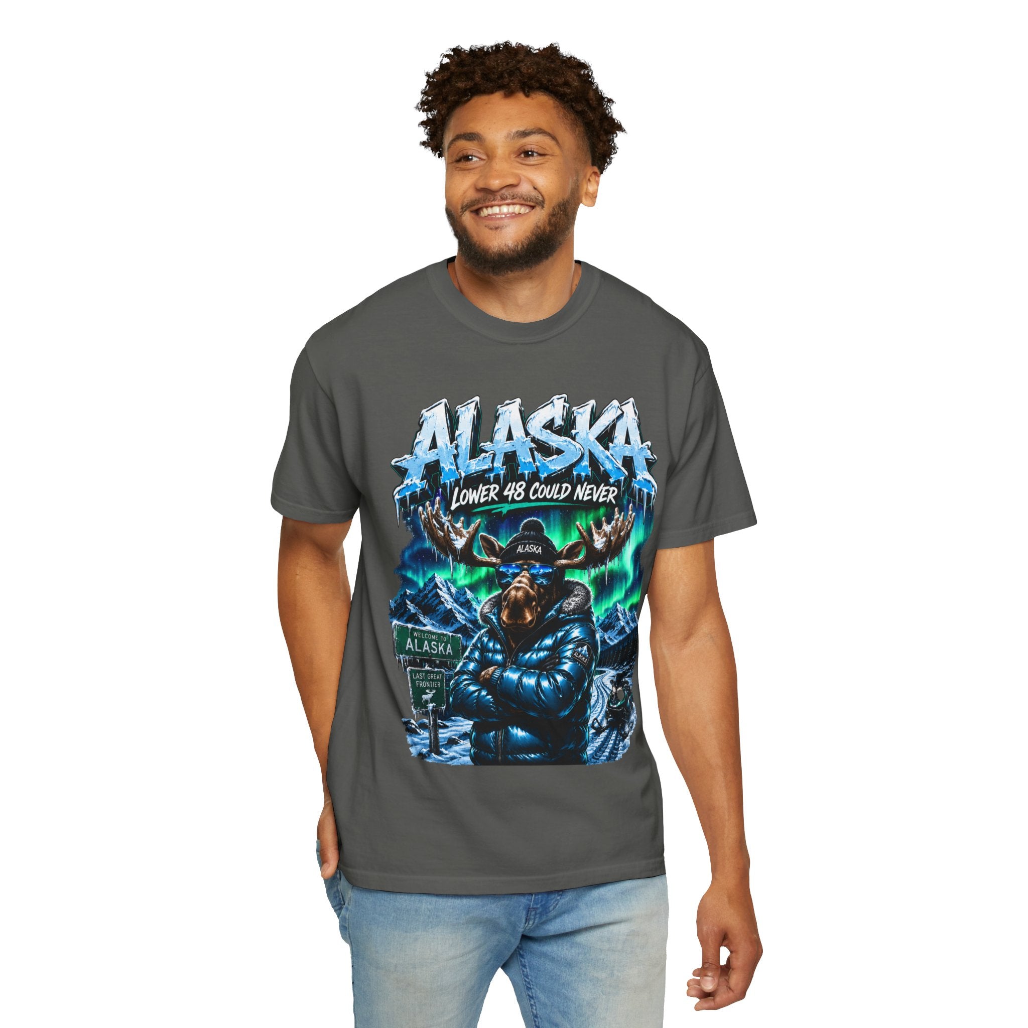 Alaska Moose Aurora Graphic T-Shirt — "Lower 48 Could Never"
